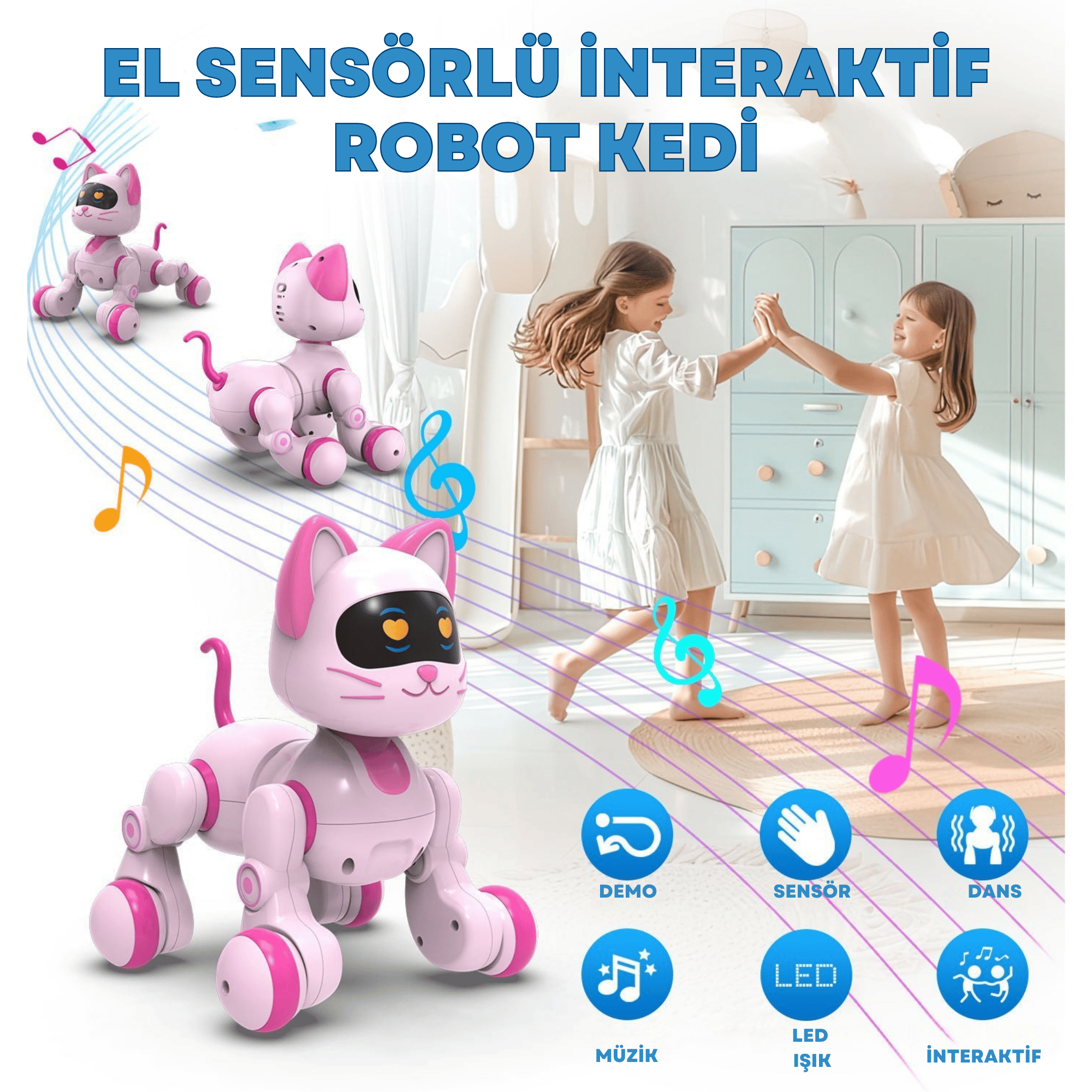 Oyuncak Full Fonksiyon Uzaktan Kumandalı El Sensörlü Şarjlı Işıklı Müzikli Dansçı Robot Kedi