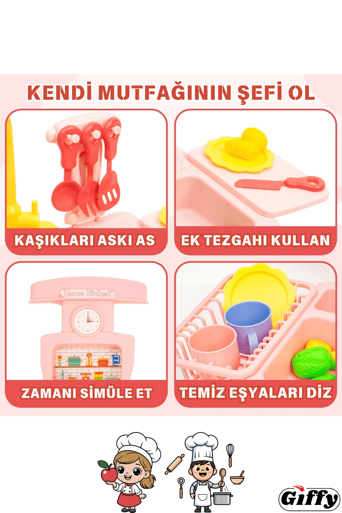 Oyuncak Gerçek Su Akan Mutfak Lavabo Seti | 28 Parça Aksesuarlı | Pilli Su Devir Daimli