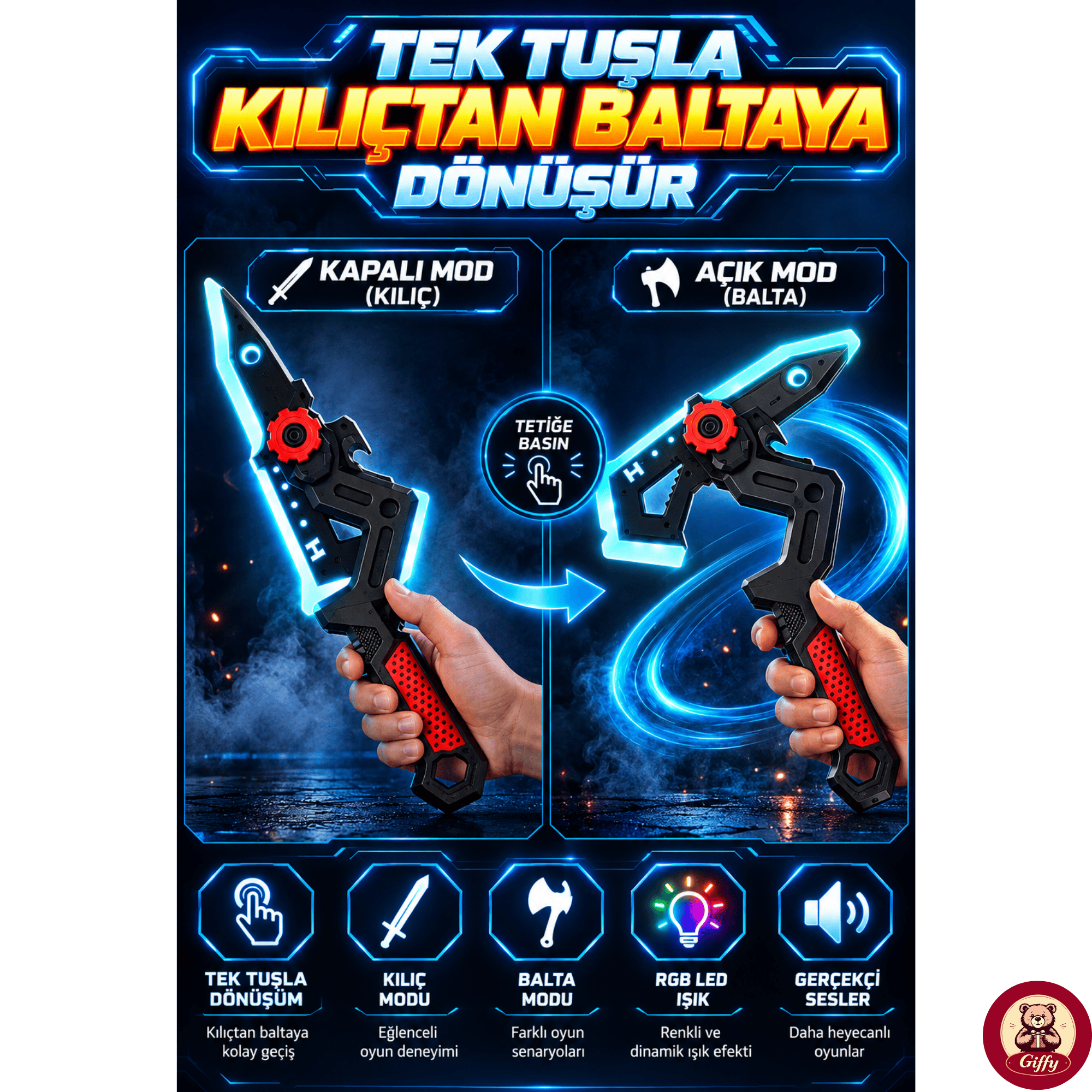 Oyuncak Işın Baltası ,LED Işıklı RGB,Buhar Atan ,Dahili Şarjlı ,Ses ve Işık Efektli ,Darbe Sensörlü ,2 Farklı Modlu Kılıç ve Balta Modlu ,35 CM