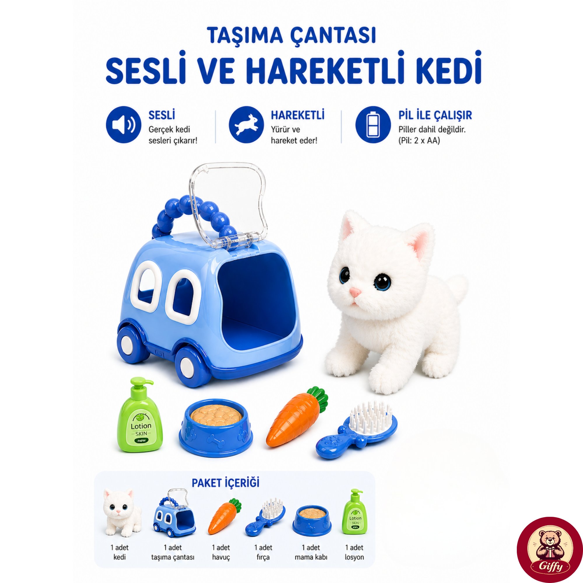 Oyuncak Kedi Taşıma Çantalı Sesli Hareketli Pilli, Emekleme Oyuncağı Aksesuarlı Çocuklar İçin Eğitici Hayvan Sevgisi (Mavi)