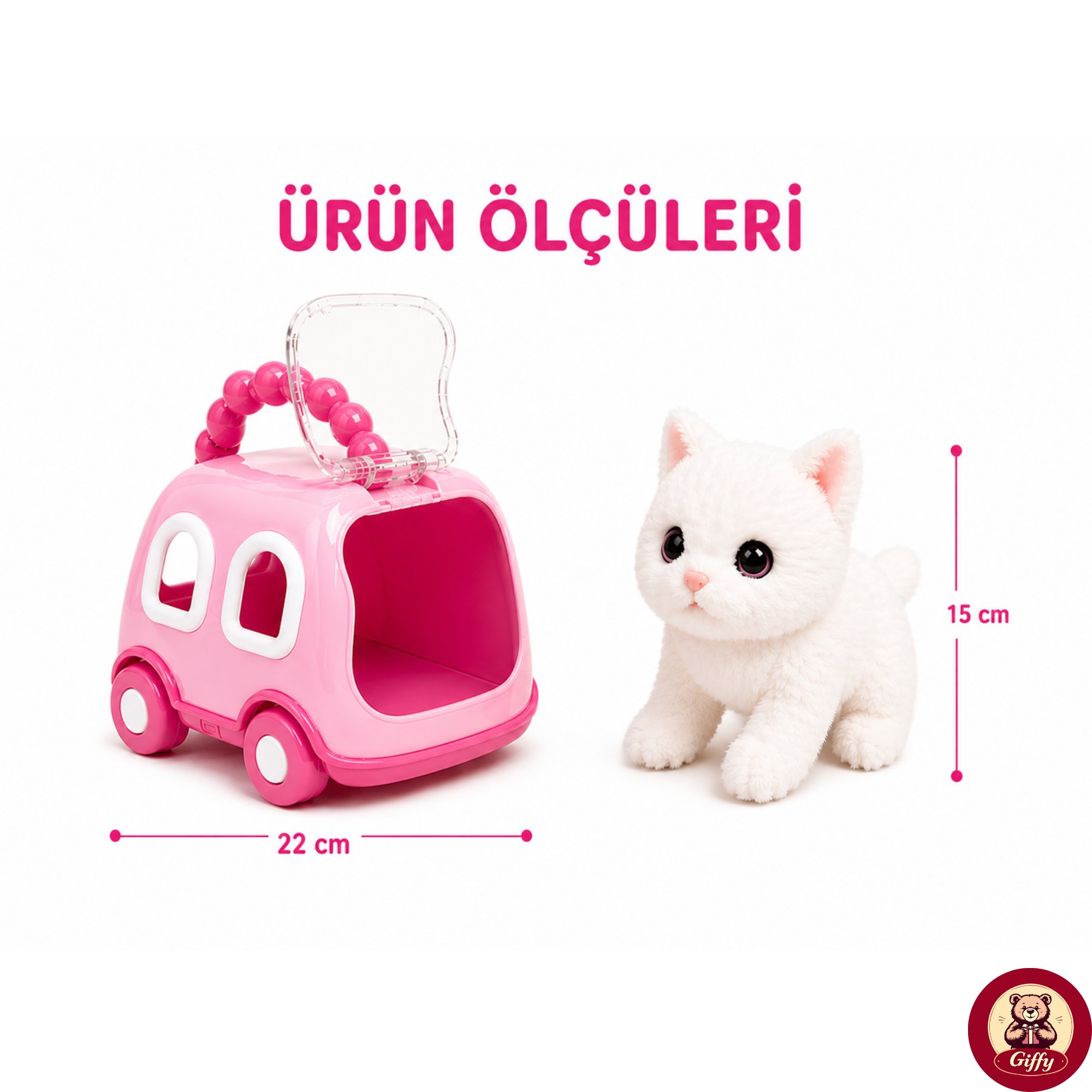 Oyuncak Kedi Taşıma Çantalı Sesli Hareketli Pilli, Emekleme Oyuncağı Aksesuarlı Çocuklar İçin Eğitici Hayvan Sevgisi (Pembe)