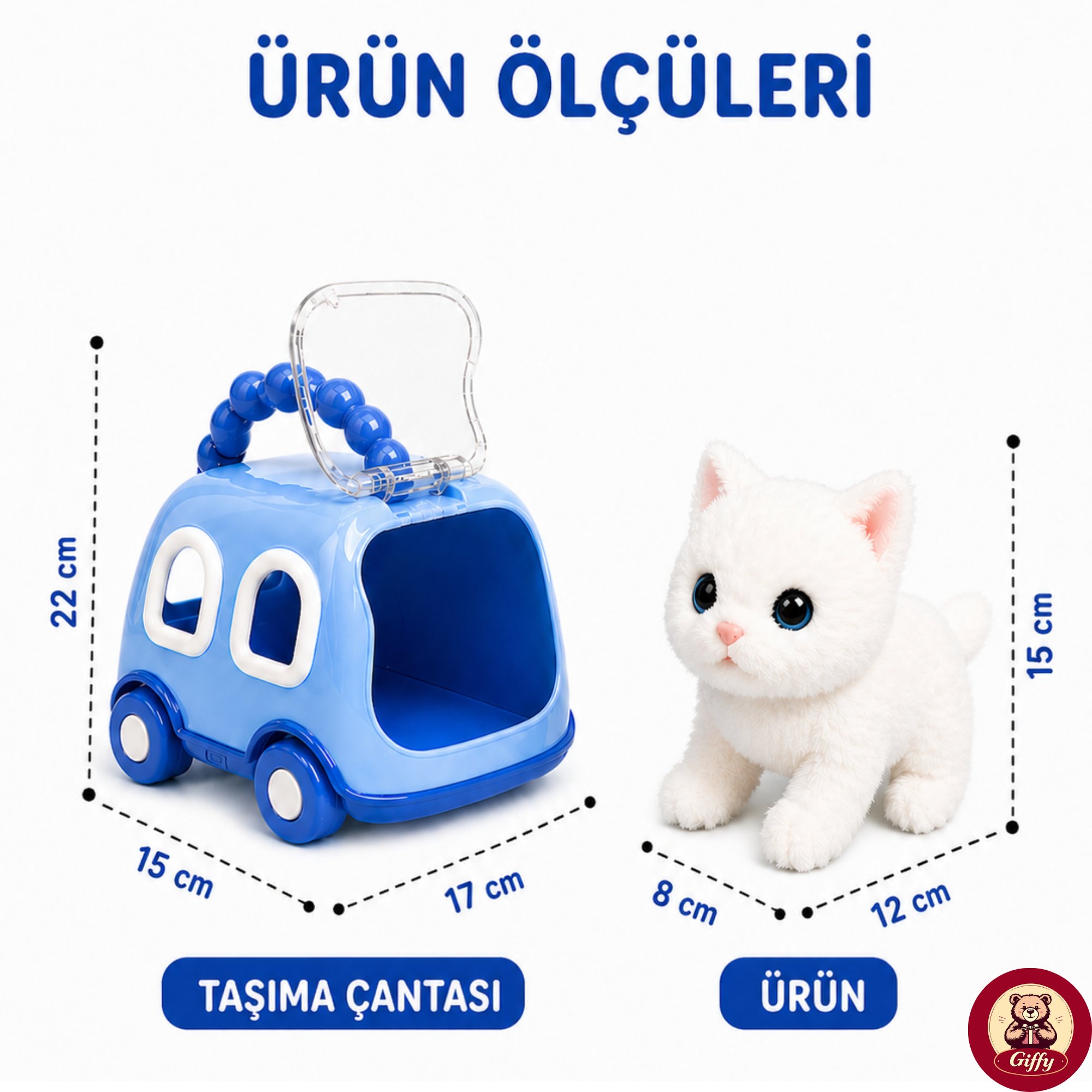 Oyuncak Kedi Taşıma Çantalı Sesli Hareketli Pilli, Emekleme Oyuncağı Aksesuarlı Çocuklar İçin Eğitici Hayvan Sevgisi (Mavi)