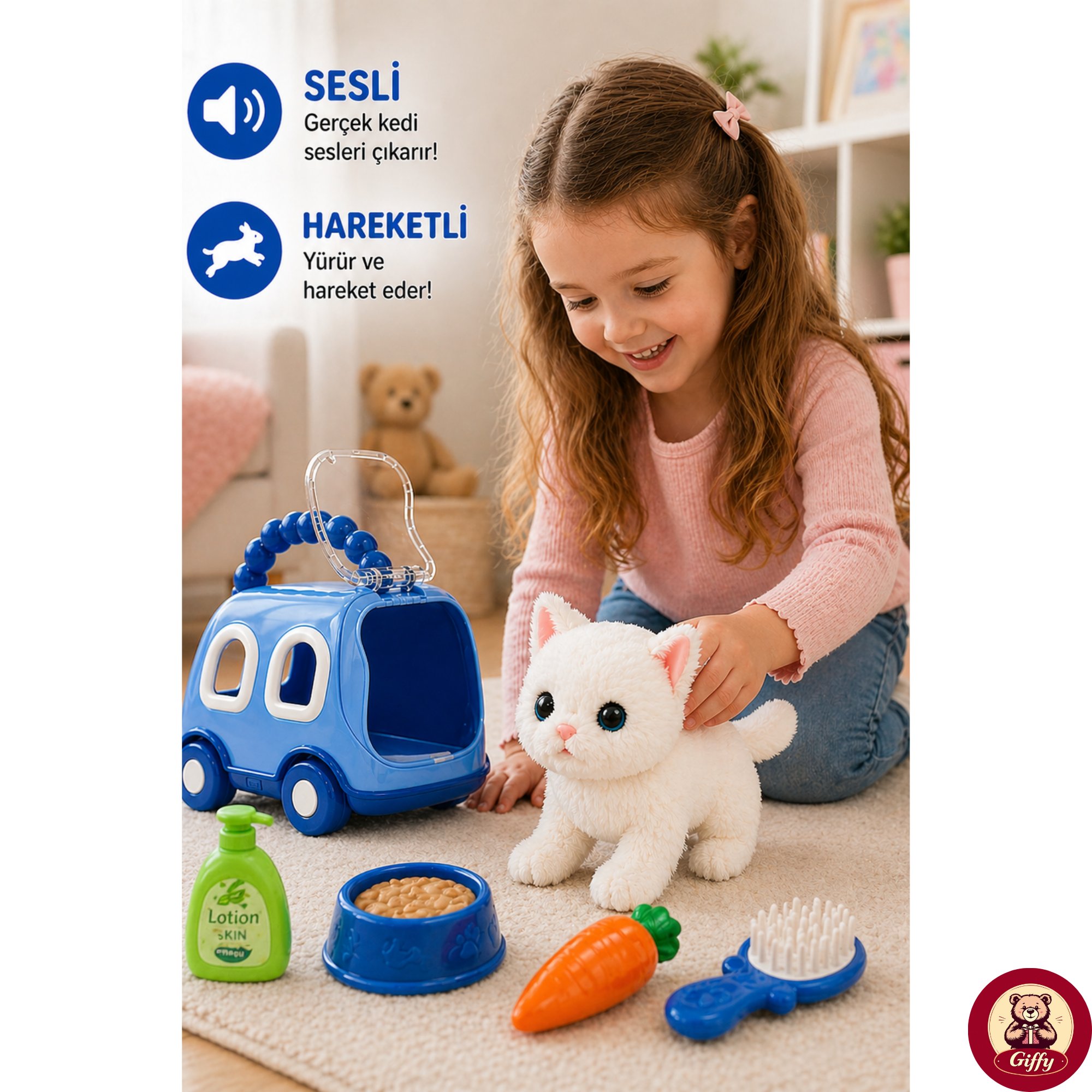 Oyuncak Kedi Taşıma Çantalı Sesli Hareketli Pilli, Emekleme Oyuncağı Aksesuarlı Çocuklar İçin Eğitici Hayvan Sevgisi (Mavi)