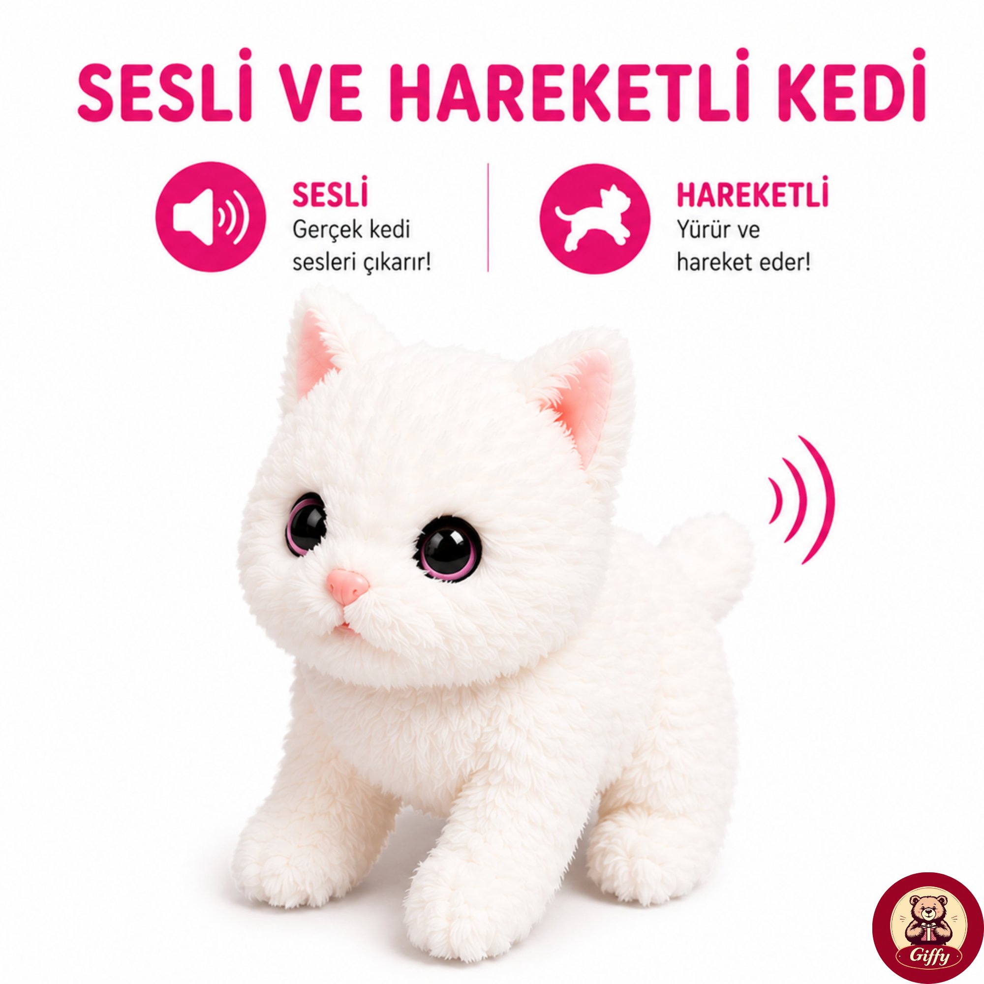 Oyuncak Kedi Taşıma Çantalı Sesli Hareketli Pilli, Emekleme Oyuncağı Aksesuarlı Çocuklar İçin Eğitici Hayvan Sevgisi (Pembe)