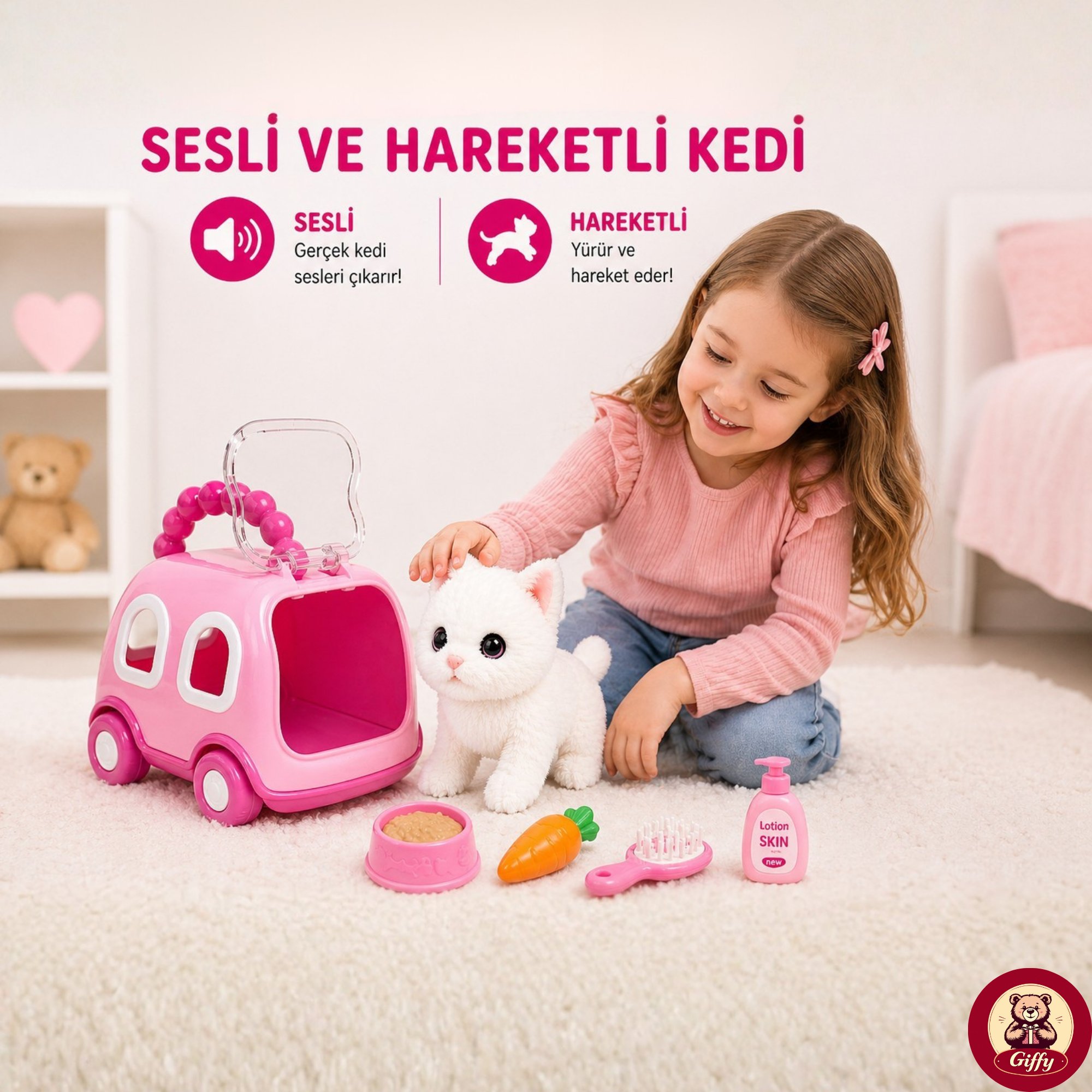 Oyuncak Kedi Taşıma Çantalı Sesli Hareketli Pilli, Emekleme Oyuncağı Aksesuarlı Çocuklar İçin Eğitici Hayvan Sevgisi (Pembe)