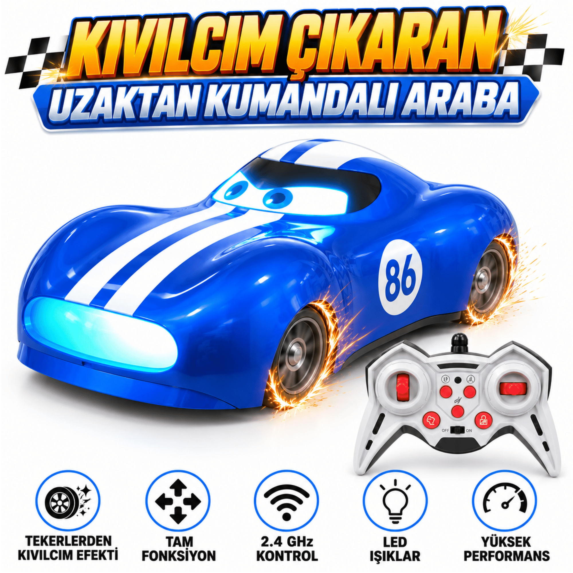 Oyuncak Kıvılcım Efektli Uzaktan Kumandalı Araba 2.4 GHz Şarjlı LED Işıklı Tam Fonksiyon Park Simülasyonlu Oyuncak Araba (Mavi)