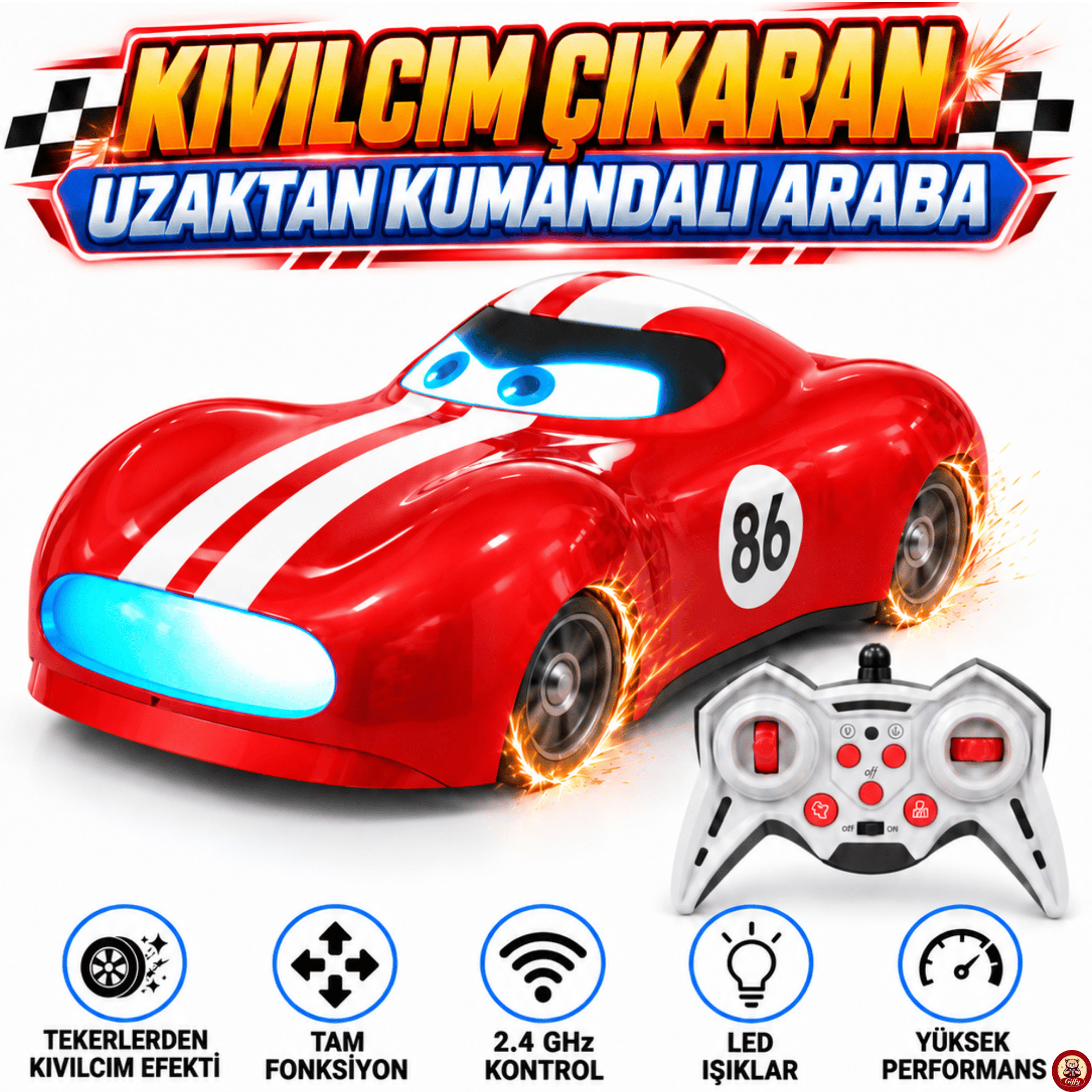 Oyuncak Kıvılcım Efektli Uzaktan Kumandalı Araba 2.4 GHz Şarjlı LED Işıklı Tam Fonksiyon Park Simülasyonlu Oyuncak Araba (Kırmızı)