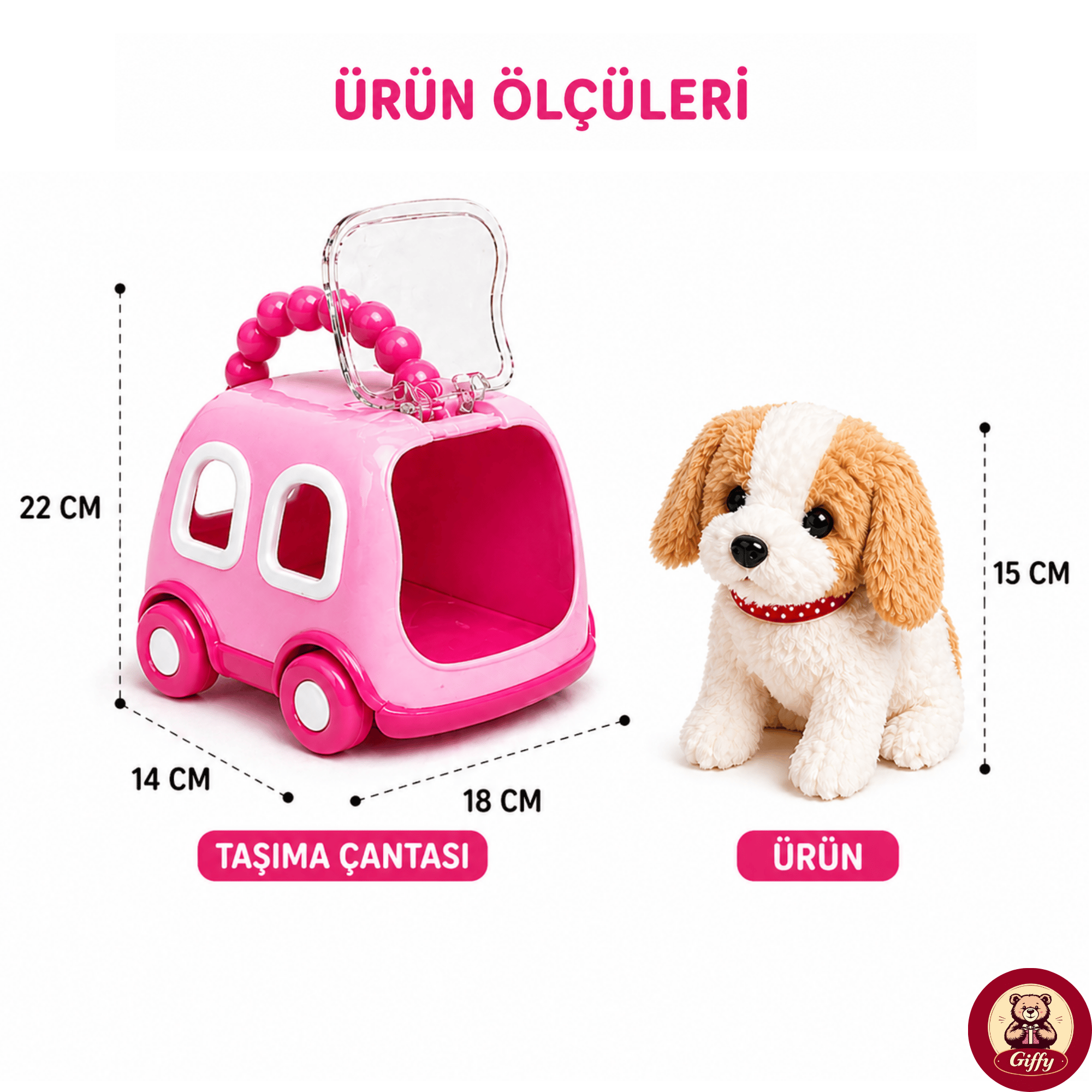 Oyuncak Köpek Taşıma Çantalı Sesli Hareketli Pilli, Emekleme Oyuncağı Aksesuarlı Çocuklar İçin Eğitici Hayvan Sevgisi (Pembe)