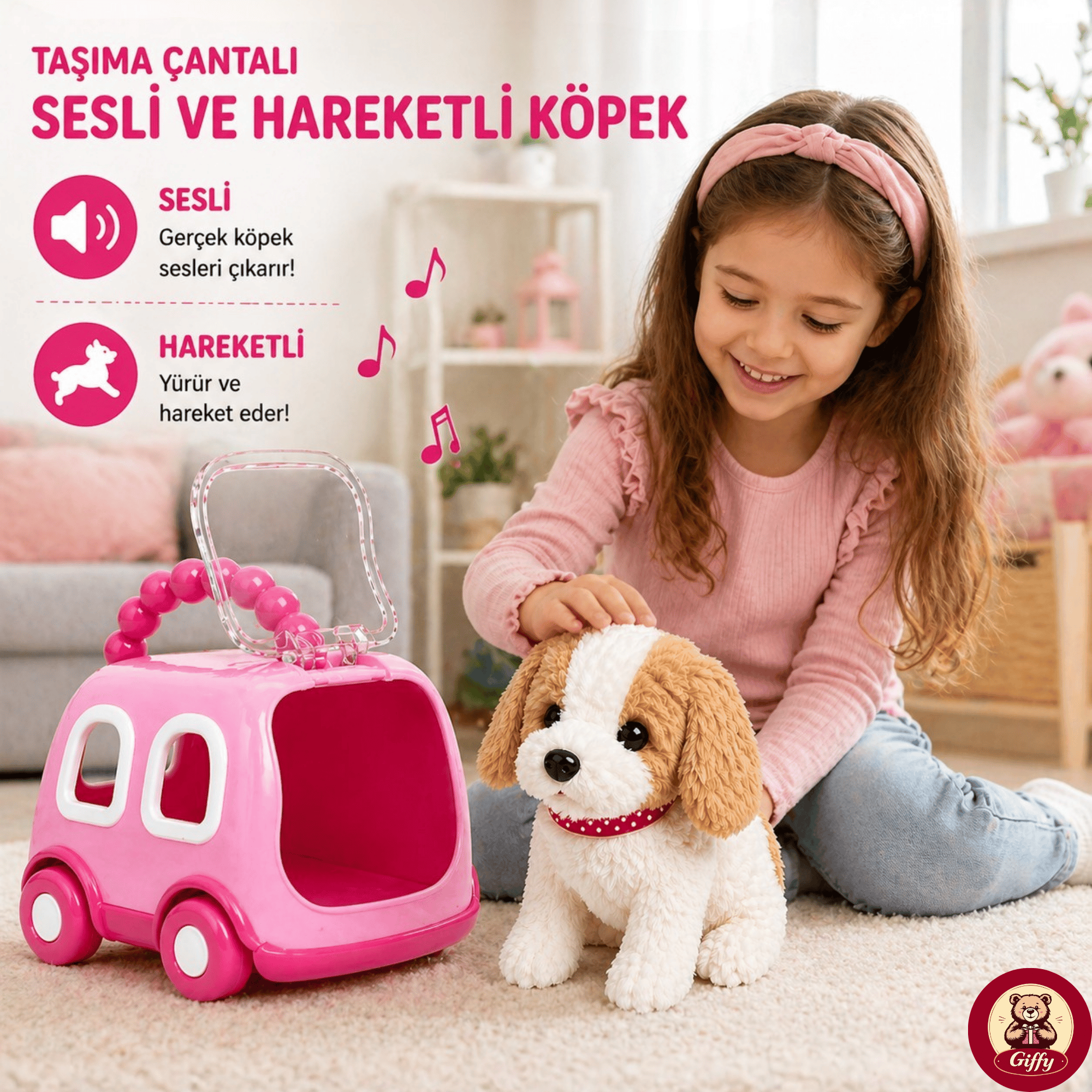 Oyuncak Köpek Taşıma Çantalı Sesli Hareketli Pilli, Emekleme Oyuncağı Aksesuarlı Çocuklar İçin Eğitici Hayvan Sevgisi (Pembe)