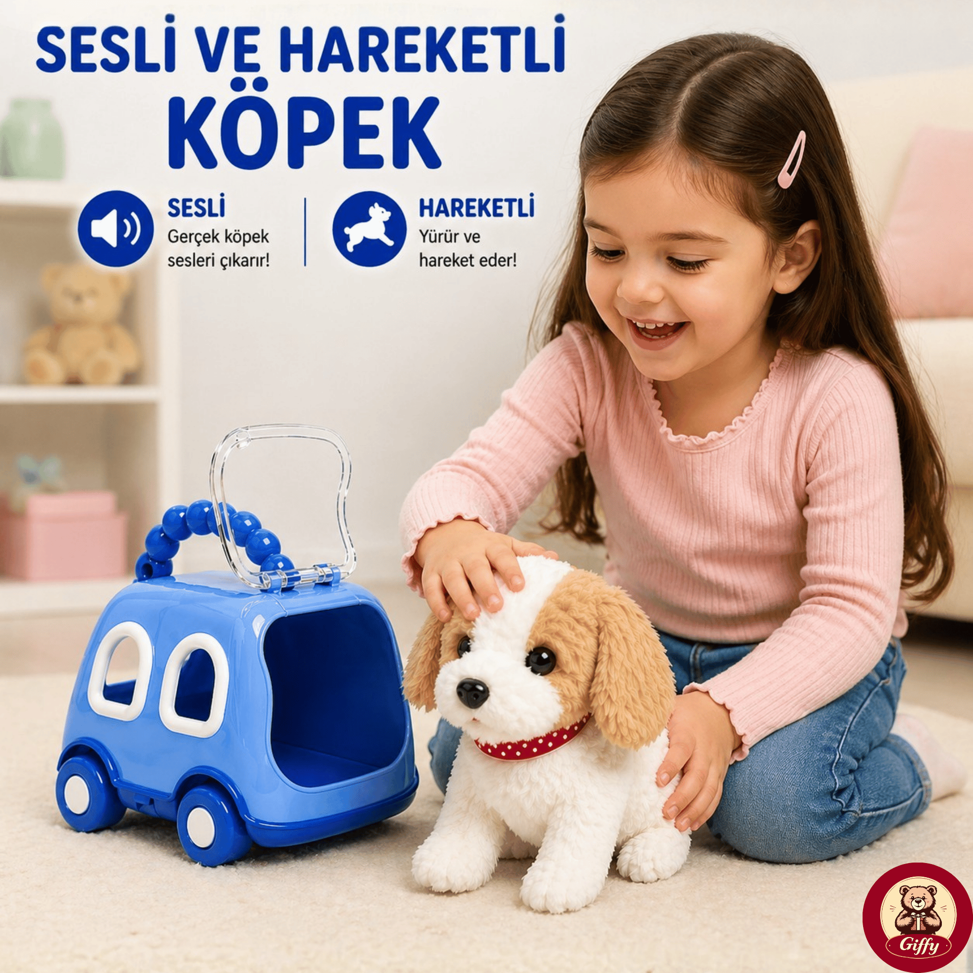 Oyuncak Köpek Taşıma Çantalı Sesli Hareketli Pilli, Emekleme Oyuncağı Aksesuarlı Çocuklar İçin Eğitici Hayvan Sevgisi (Mavi)