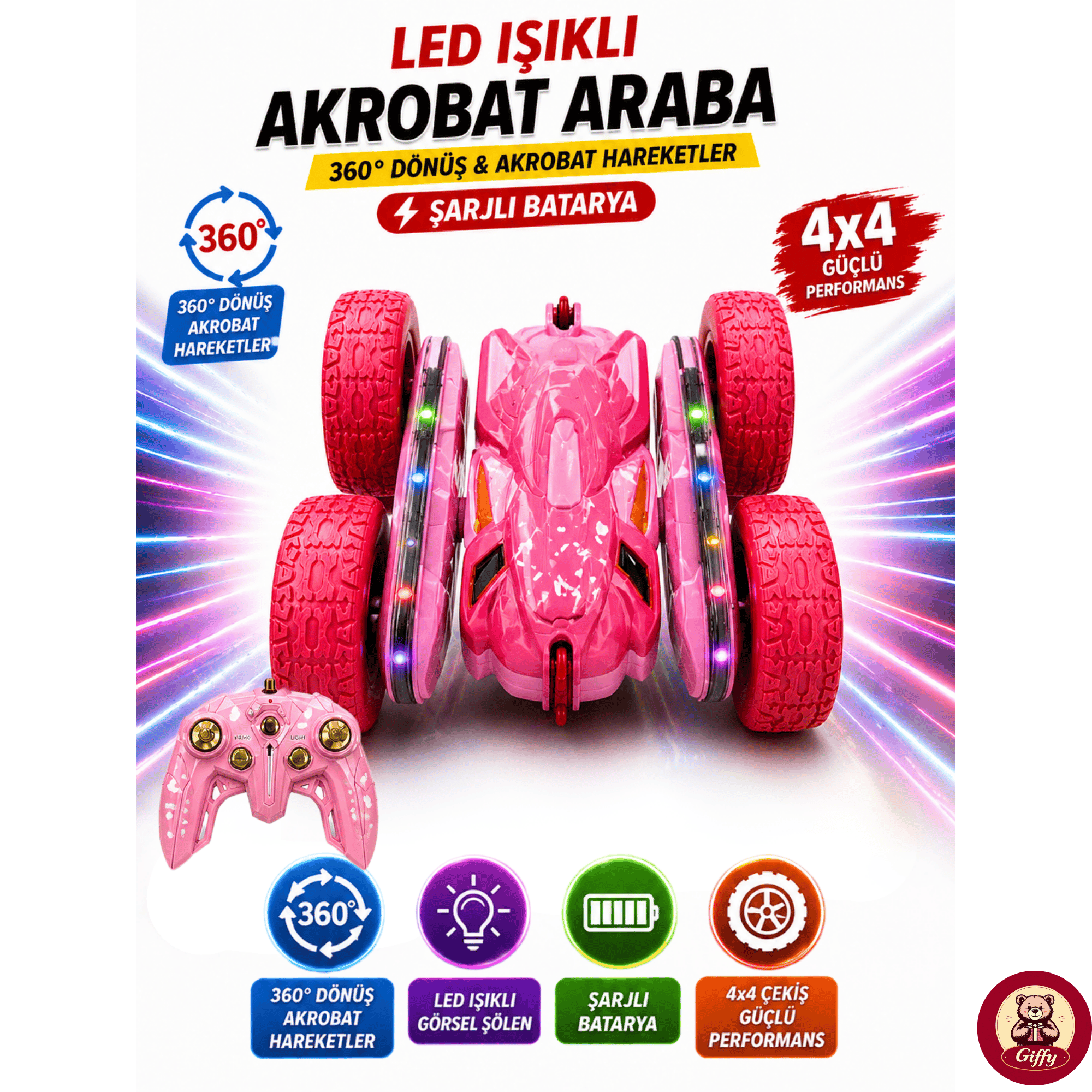 Oyuncak LED Işıklı 360° Akrobat Uzaktan Kumandalı Araba Şarjlı 4x4 Off Road Dublör Oyuncak Araba (Pembe)