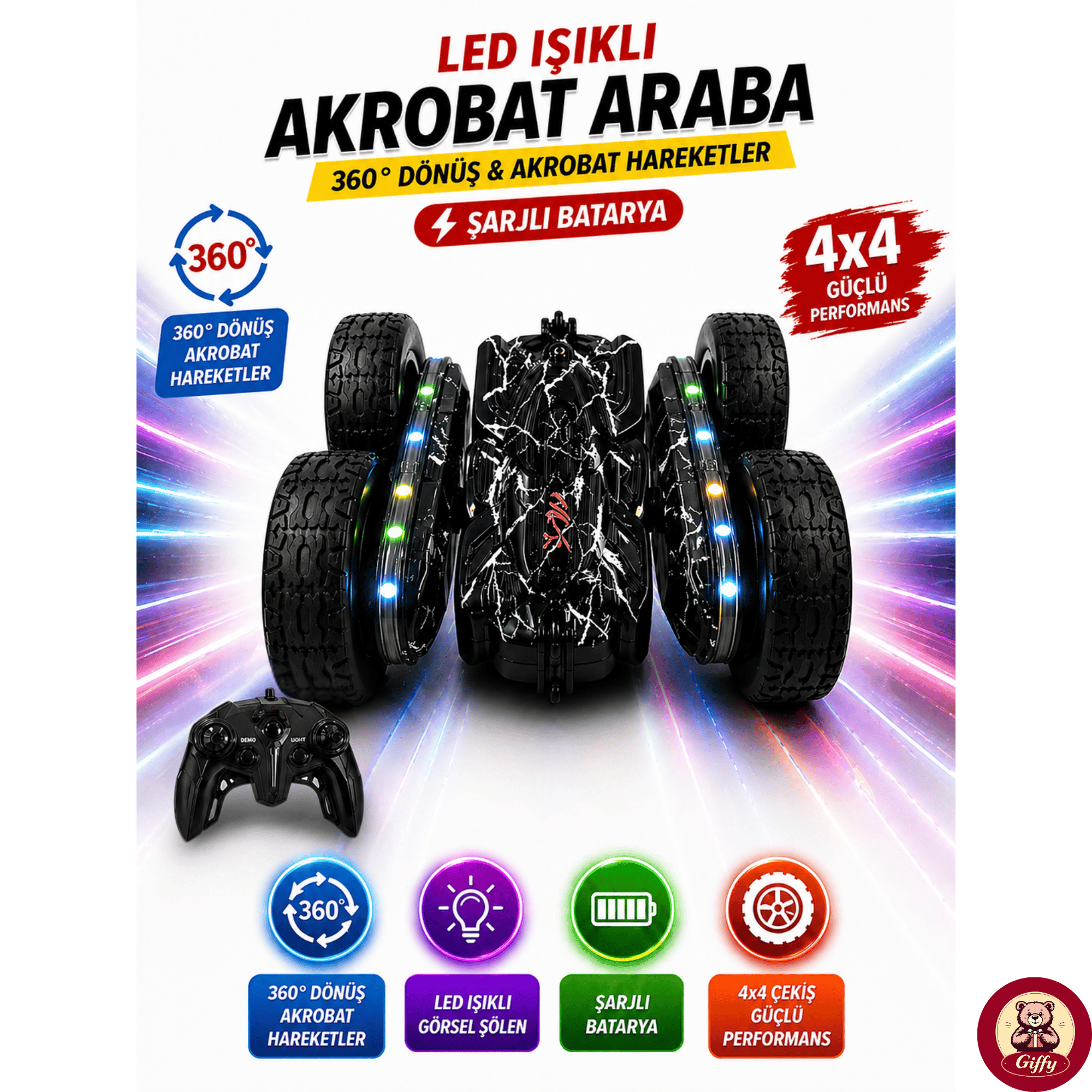 Oyuncak LED Işıklı 360° Akrobat Uzaktan Kumandalı Araba Şarjlı 4x4 Off Road Dublör Oyuncak Araba (Siyah)