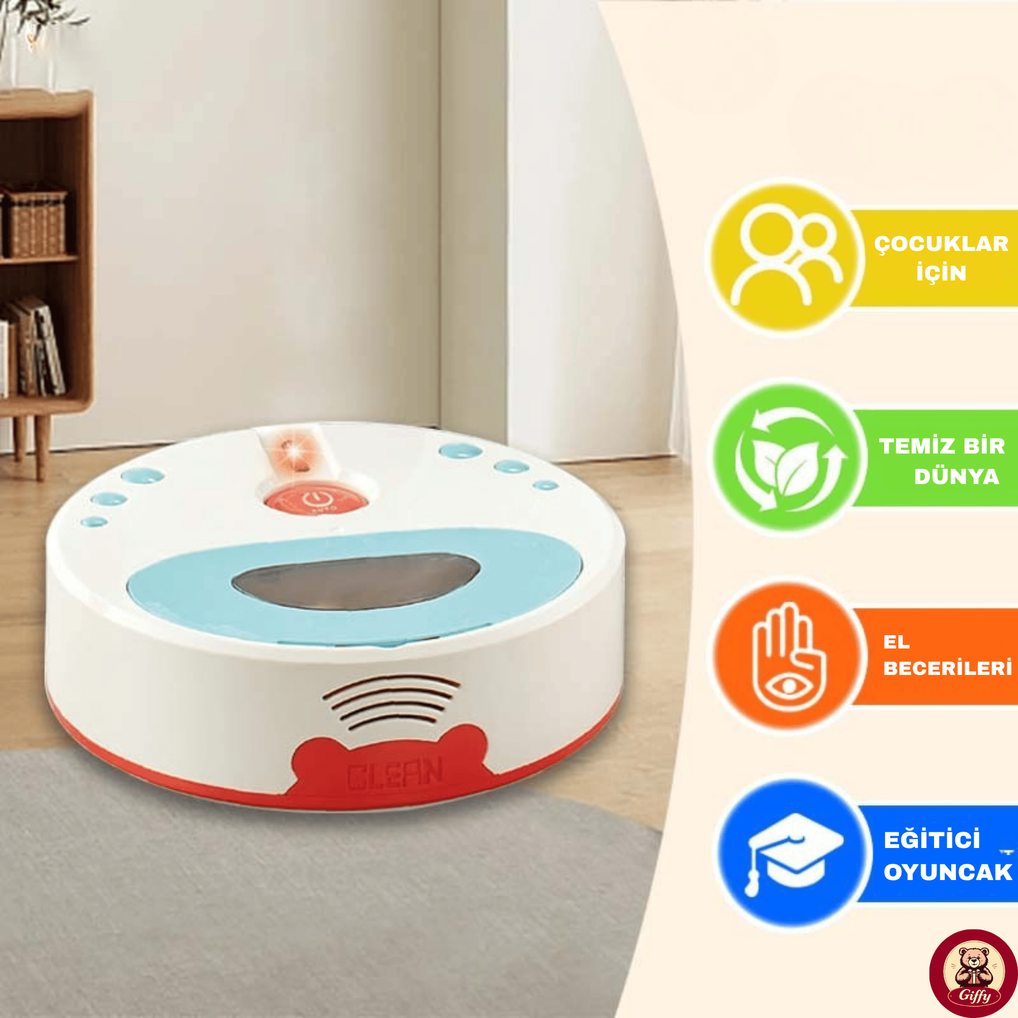 Oyuncak Pilli Robot Süpürge Sesli Ve Işıklı Gerçek Süpürme Özelliği Ve Farklı Yönlere Giden Robot
