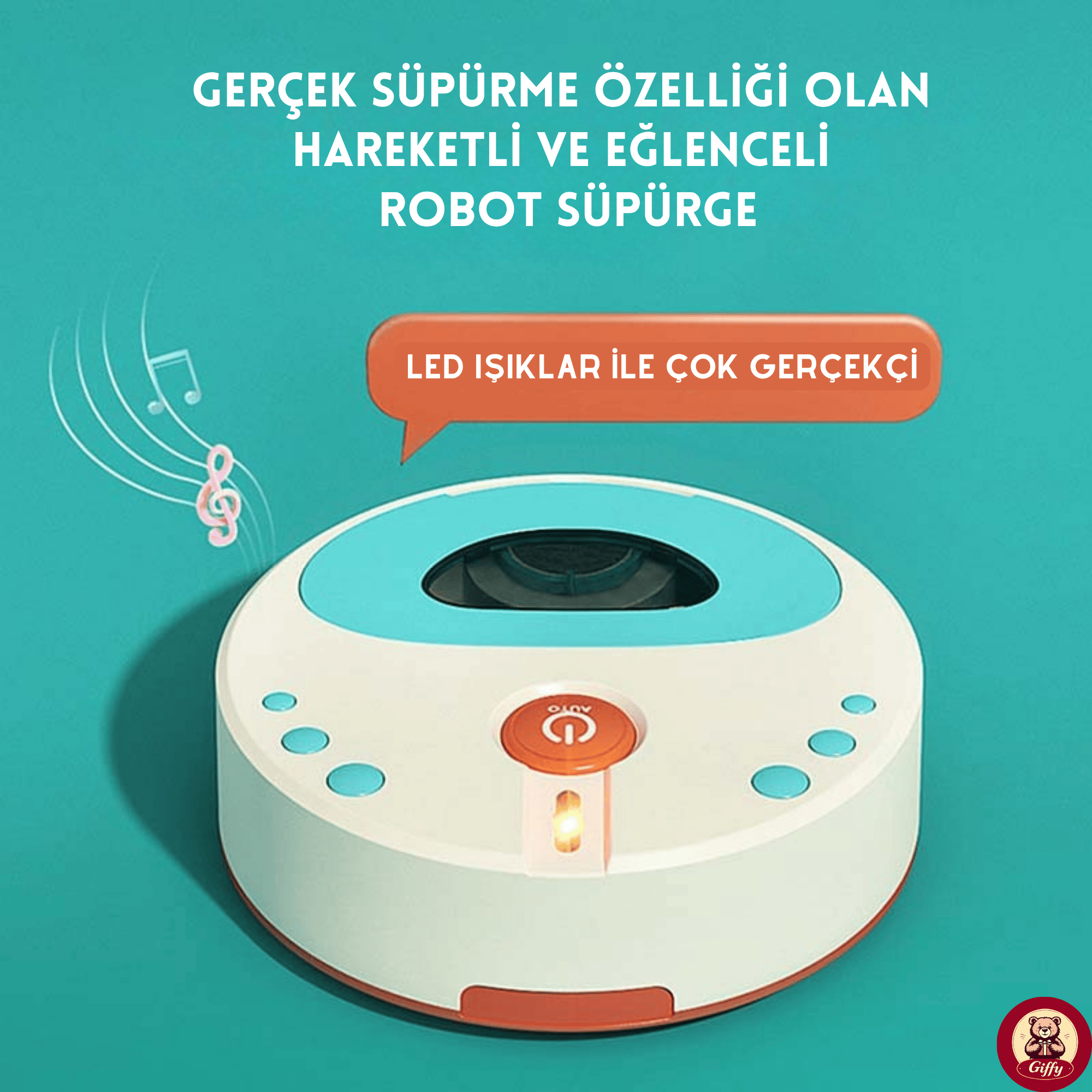 Oyuncak Pilli Robot Süpürge Sesli Ve Işıklı Gerçek Süpürme Özelliği Ve Farklı Yönlere Giden Robot