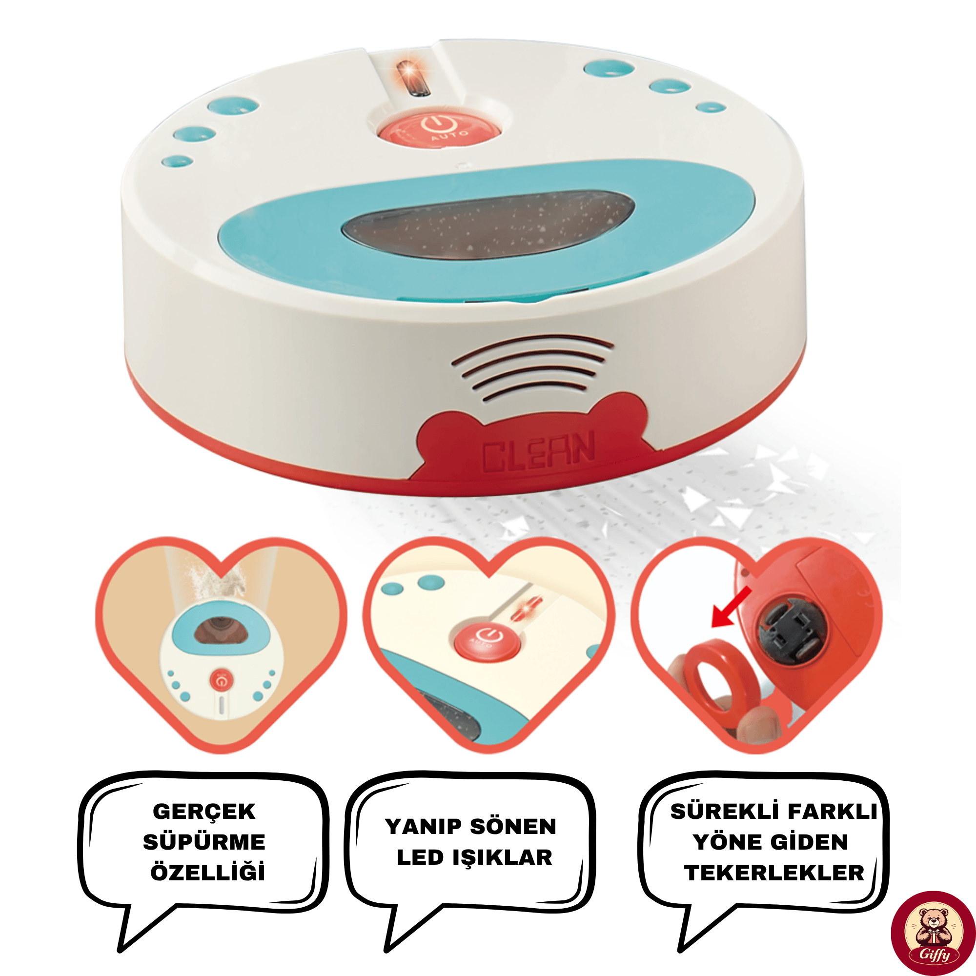 Oyuncak Pilli Robot Süpürge Sesli Ve Işıklı Gerçek Süpürme Özelliği Ve Farklı Yönlere Giden Robot
