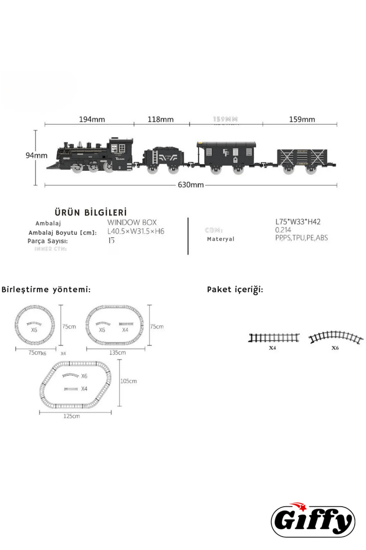 Oyuncak Sesli Işıklı Ve Buharlı Tren 15 Parça Oyun Buhar Atan Klasik 63 Cm Tren 4 Vagonlu