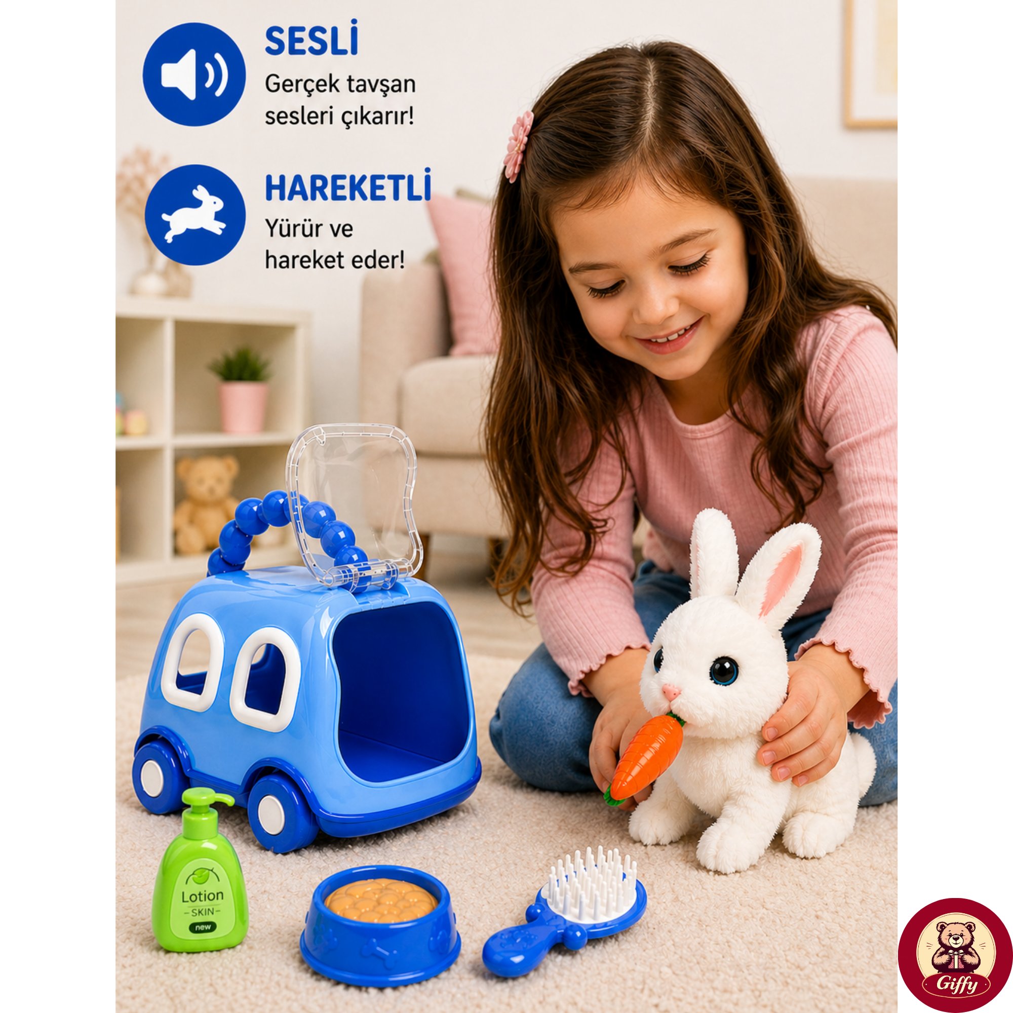 Oyuncak Tavşan Taşıma Çantalı Sesli Hareketli Pilli, Emekleme Oyuncağı Aksesuarlı Çocuklar İçin Eğitici Hayvan Sevgisi (Mavi)