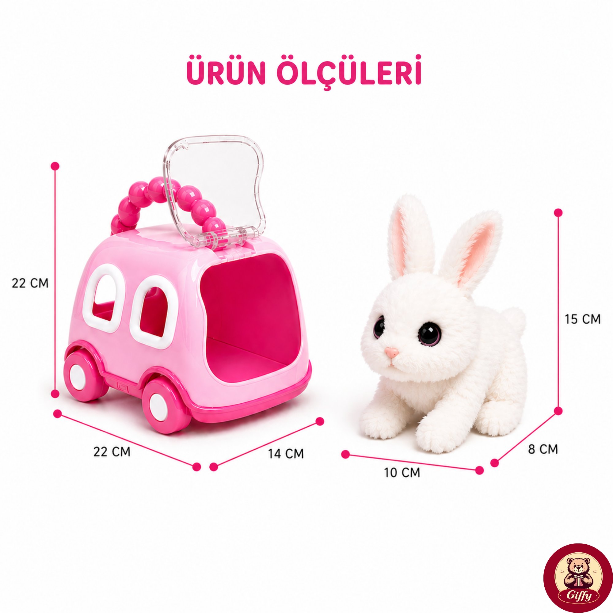 Oyuncak Tavşan Taşıma Çantalı Sesli Hareketli Pilli, Emekleme Oyuncağı Aksesuarlı Çocuklar İçin Eğitici Hayvan Sevgisi (Pembe)