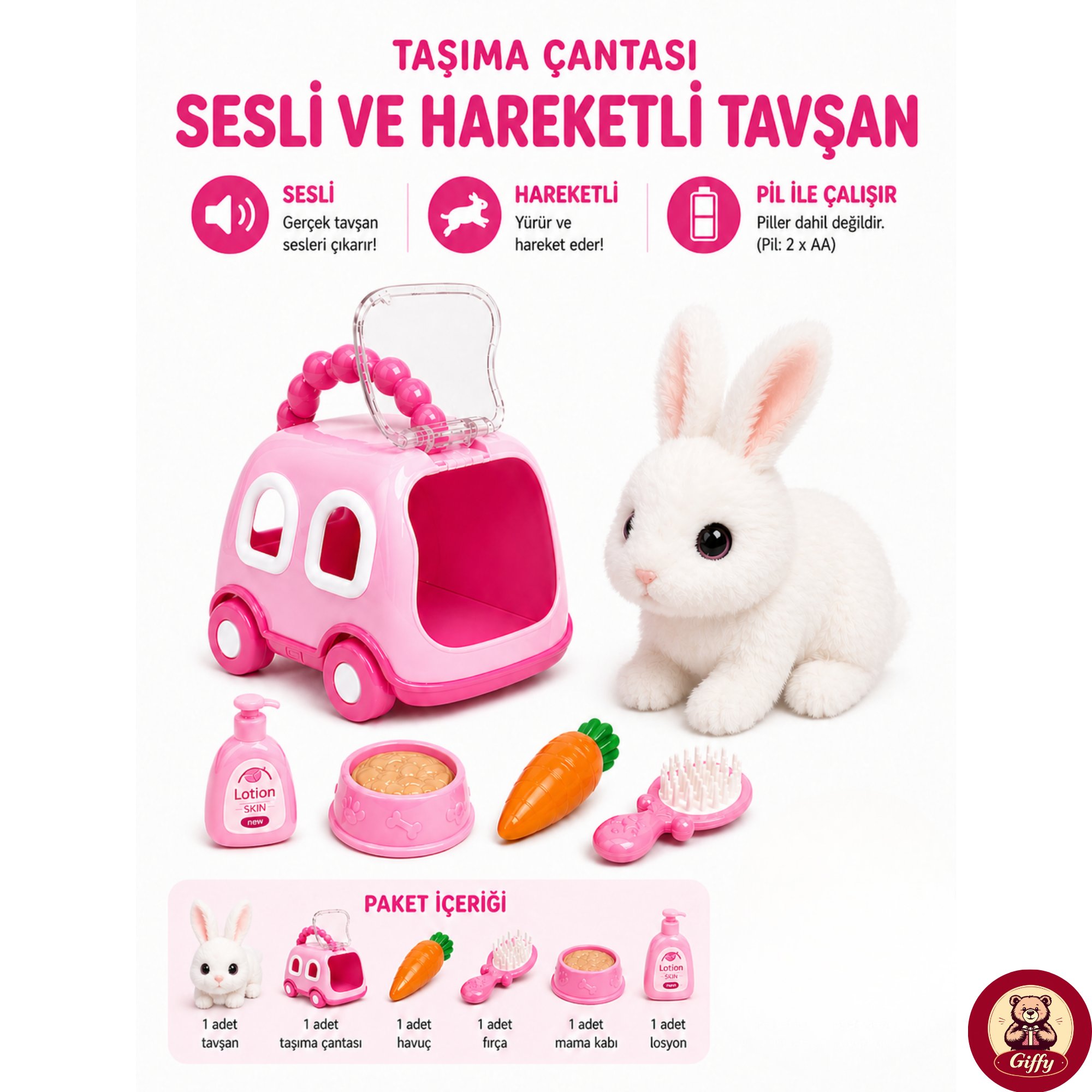 Oyuncak Tavşan Taşıma Çantalı Sesli Hareketli Pilli, Emekleme Oyuncağı Aksesuarlı Çocuklar İçin Eğitici Hayvan Sevgisi (Pembe)