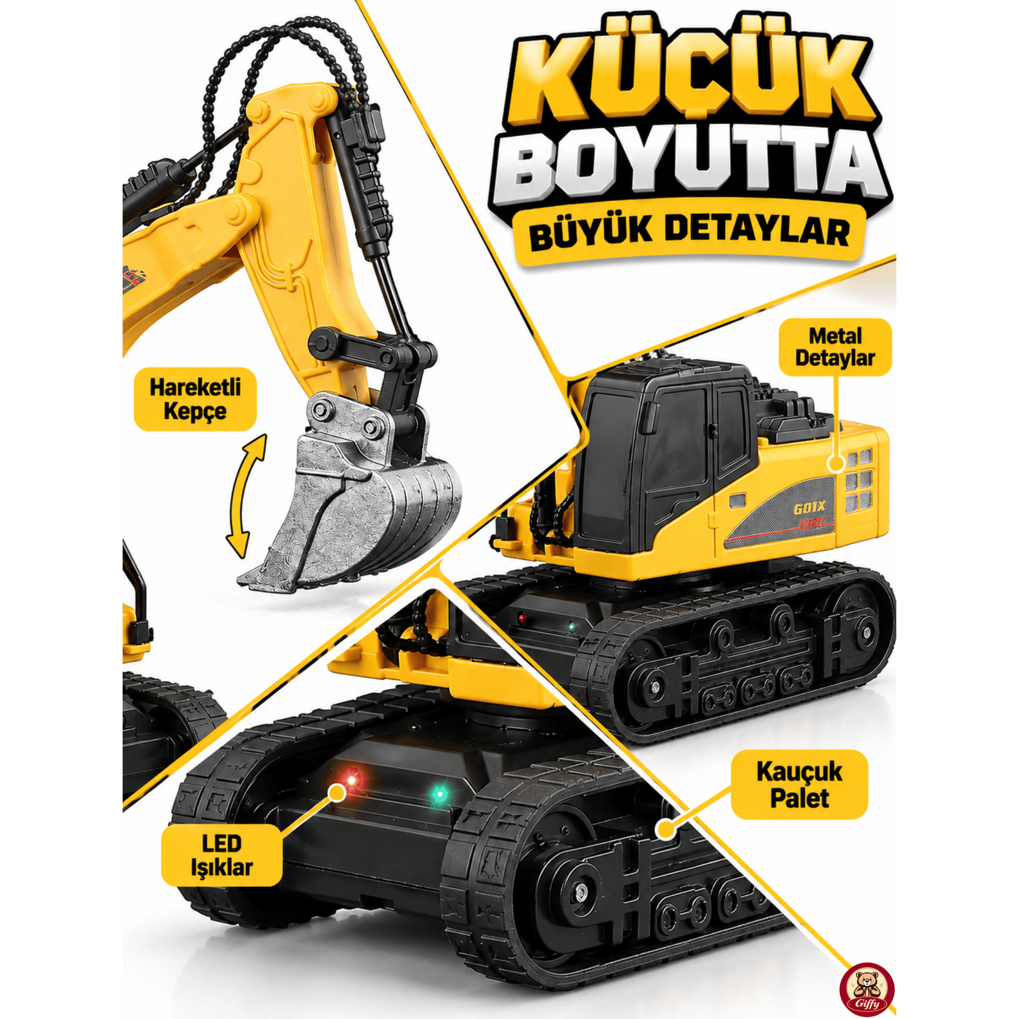 Oyuncak Uzaktan Kumanda ve Uygulama Kontrollü Mini Ekskavatör, Metal Kasa ve Başlık, 1:64 Ölçek, Dahili Şarjlı, Işıklı, Sesli, Full Fonksiyon İş Makinesi