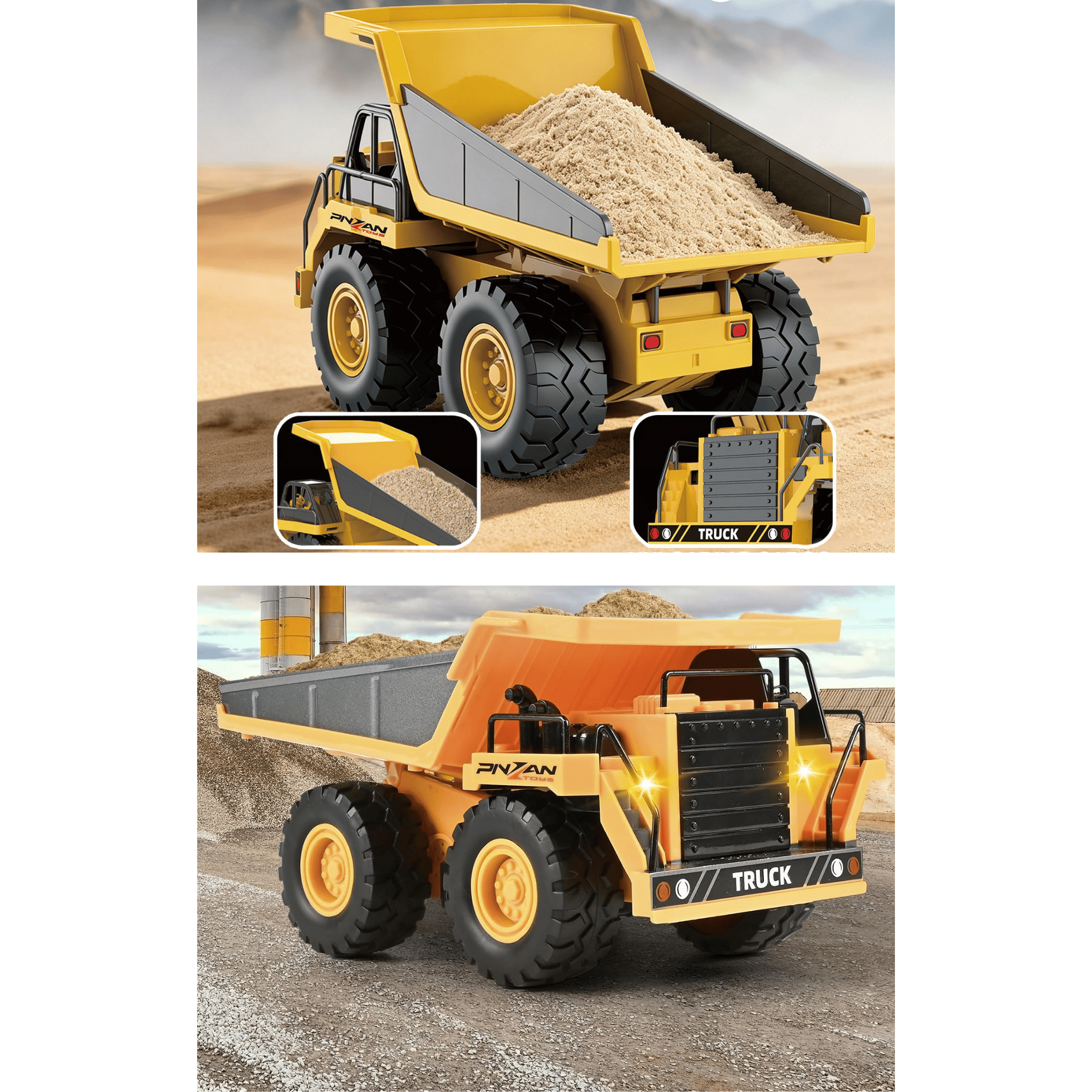 Oyuncak Uzaktan Kumandalı 4x4 Metal Kasa Damperli Kamyon Şarjlı RC İş Makinesi Işıklı Sesli Oyuncak 21 CM