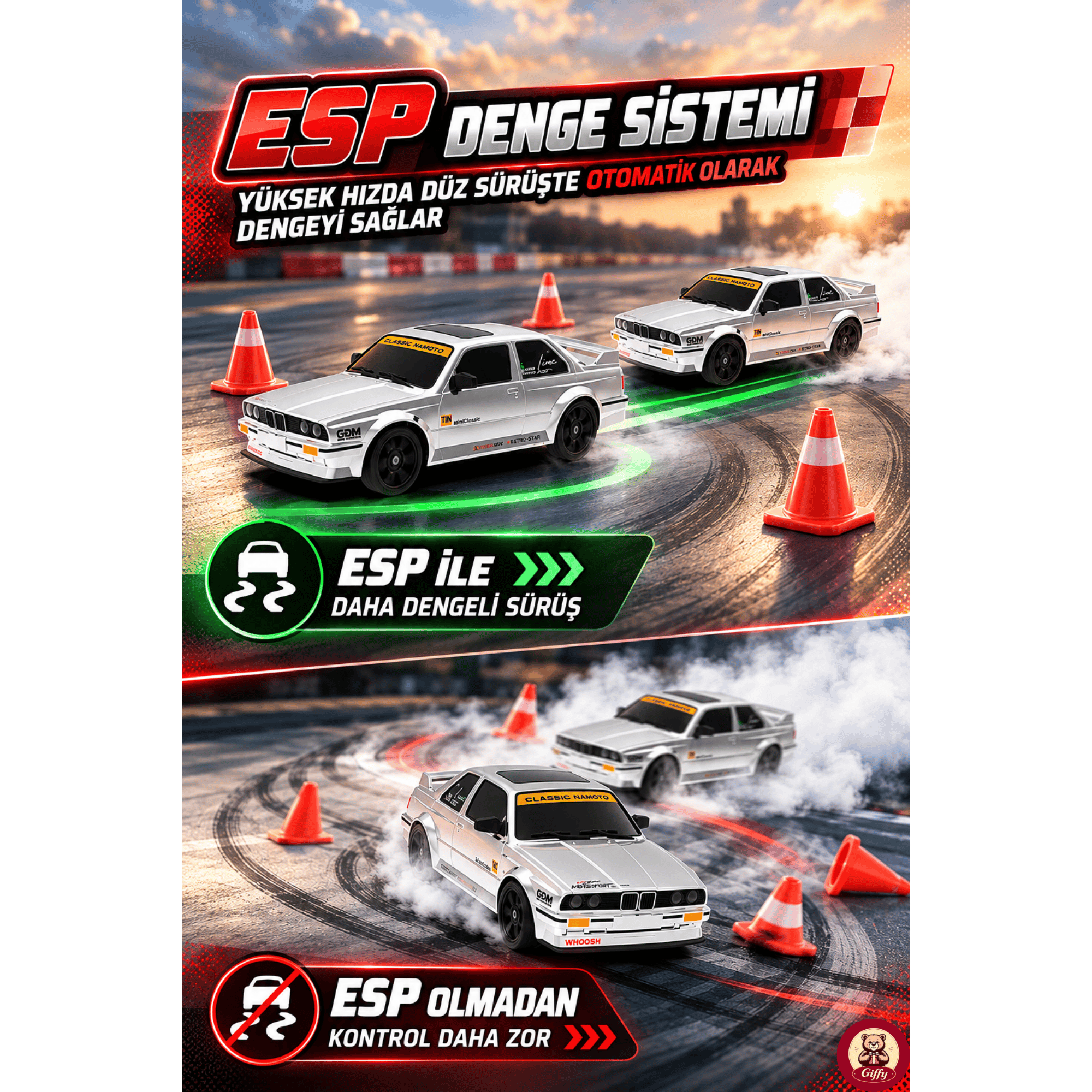 Oyuncak Uzaktan Kumandalı 50 KM/H Hızlı Drift Araba ESP Denge Sistemli 370 Motorlu Şarjlı LED Işıklı RC Araba 27,5 cm (Gümüş)