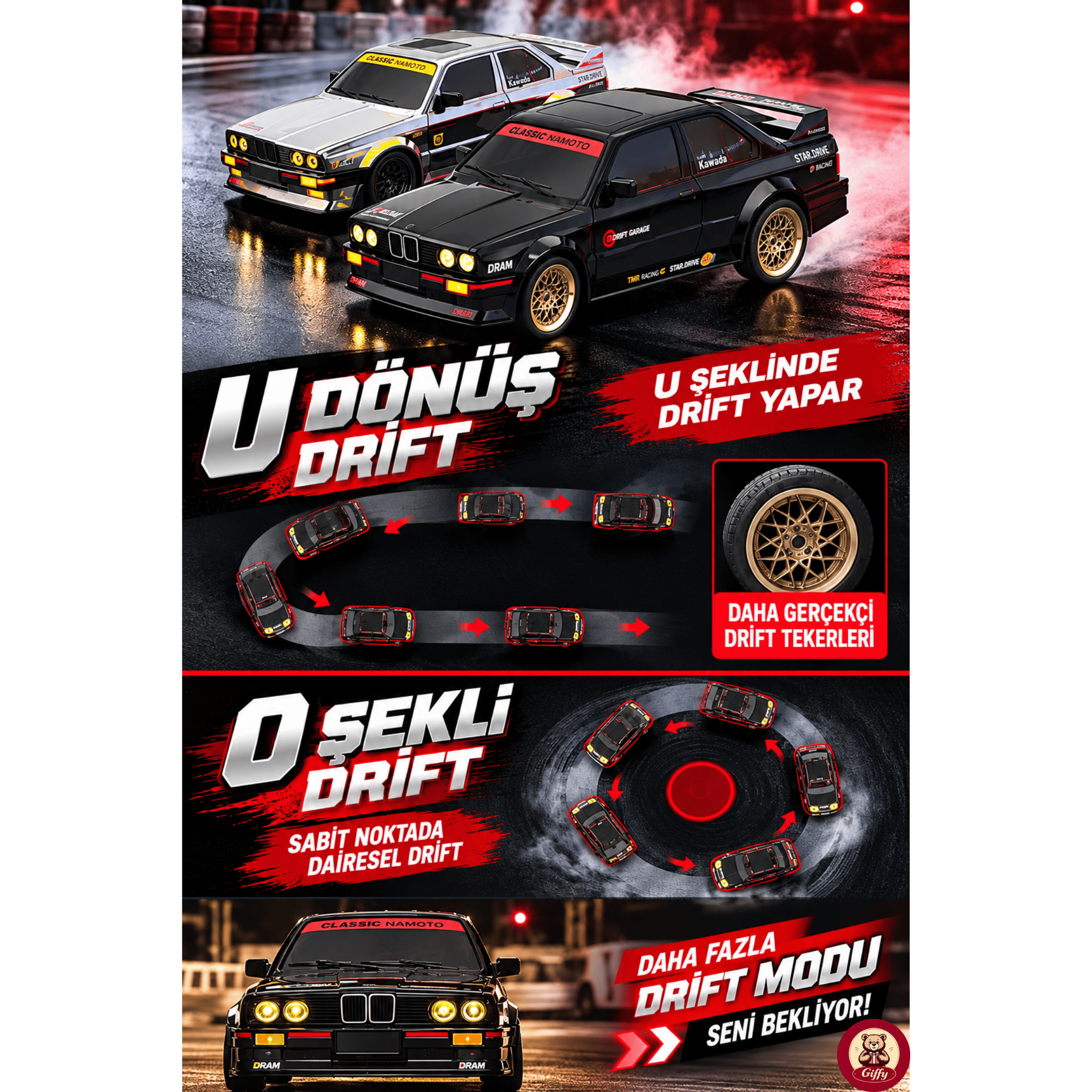 Oyuncak Uzaktan Kumandalı 50 KM/H Hızlı Drift Araba ESP Denge Sistemli 370 Motorlu Şarjlı LED Işıklı RC Araba 27,5 cm (Siyah)