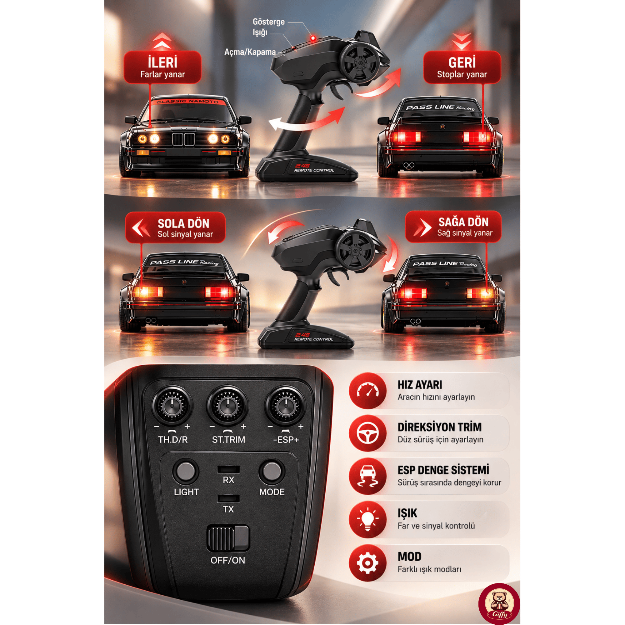 Oyuncak Uzaktan Kumandalı 50 KM/H Hızlı Drift Araba ESP Denge Sistemli 370 Motorlu Şarjlı LED Işıklı RC Araba 27,5 cm (Gümüş)