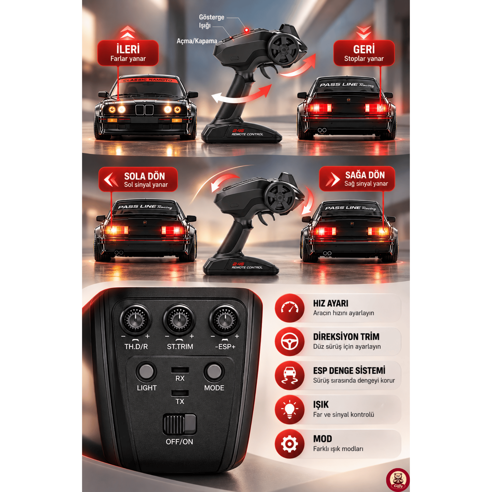 Oyuncak Uzaktan Kumandalı 50 KM/H Hızlı Drift Araba ESP Denge Sistemli 370 Motorlu Şarjlı LED Işıklı RC Araba 27,5 cm (Siyah)