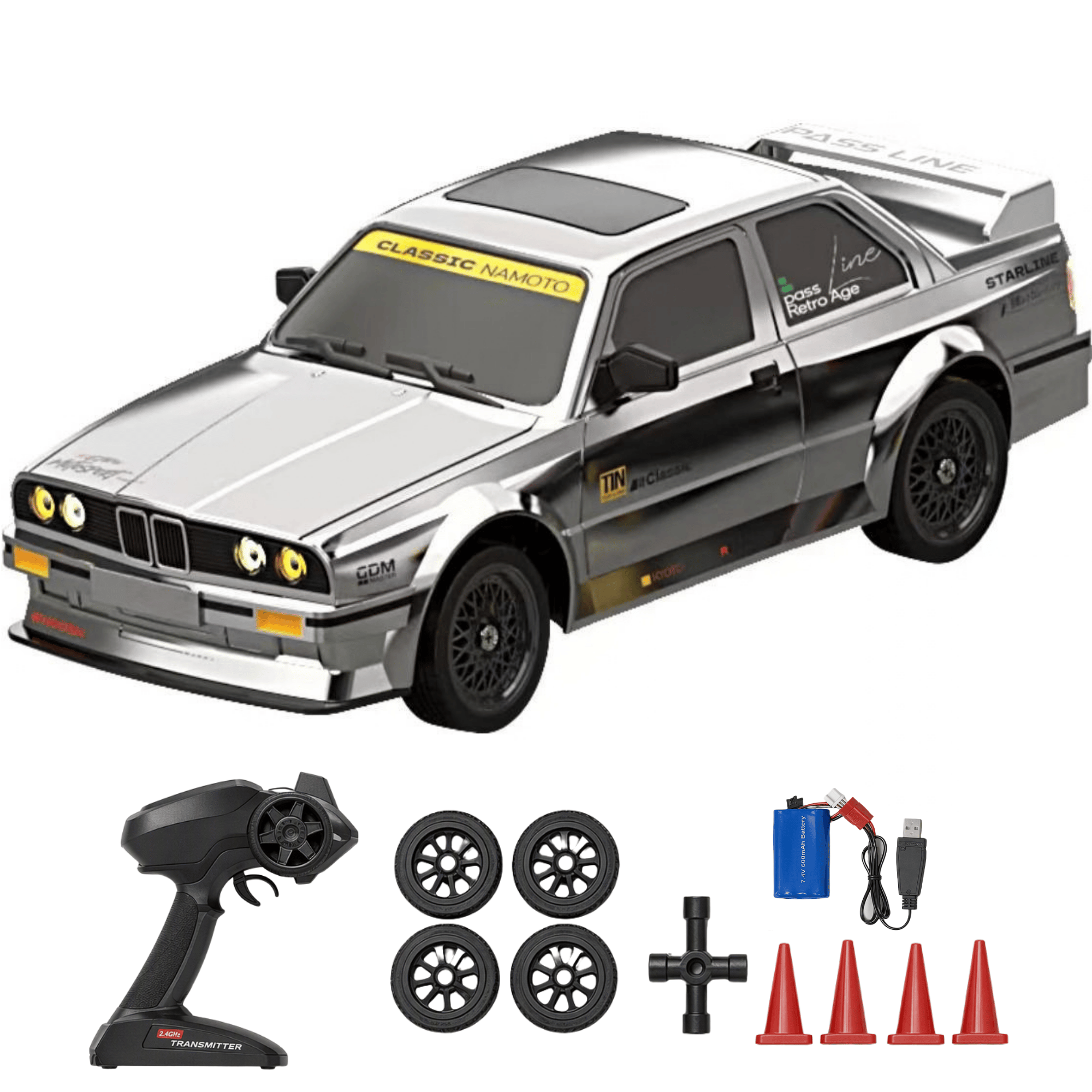Oyuncak Uzaktan Kumandalı 50 KM/H Hızlı Drift Araba ESP Denge Sistemli 370 Motorlu Şarjlı LED Işıklı RC Araba 27,5 cm (Gümüş)