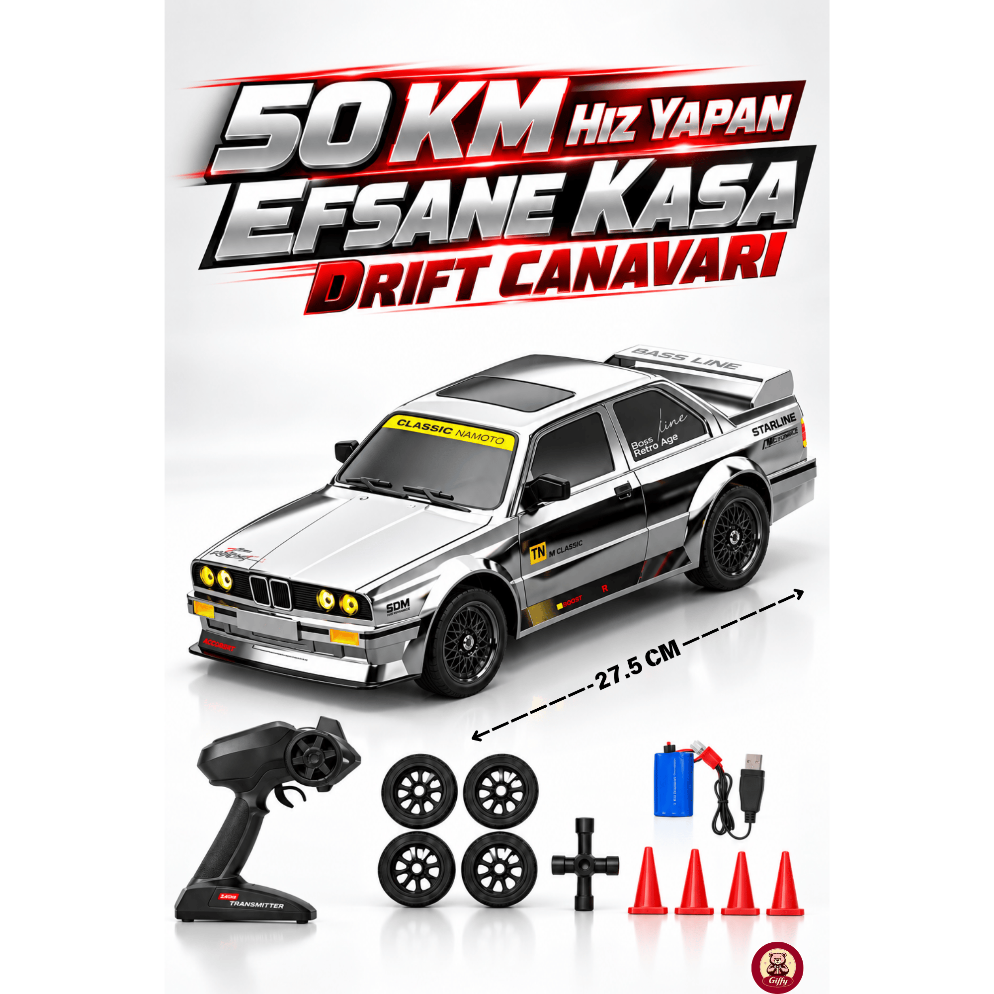 Oyuncak Uzaktan Kumandalı 50 KM/H Hızlı Drift Araba ESP Denge Sistemli 370 Motorlu Şarjlı LED Işıklı RC Araba 27,5 cm (Gümüş)