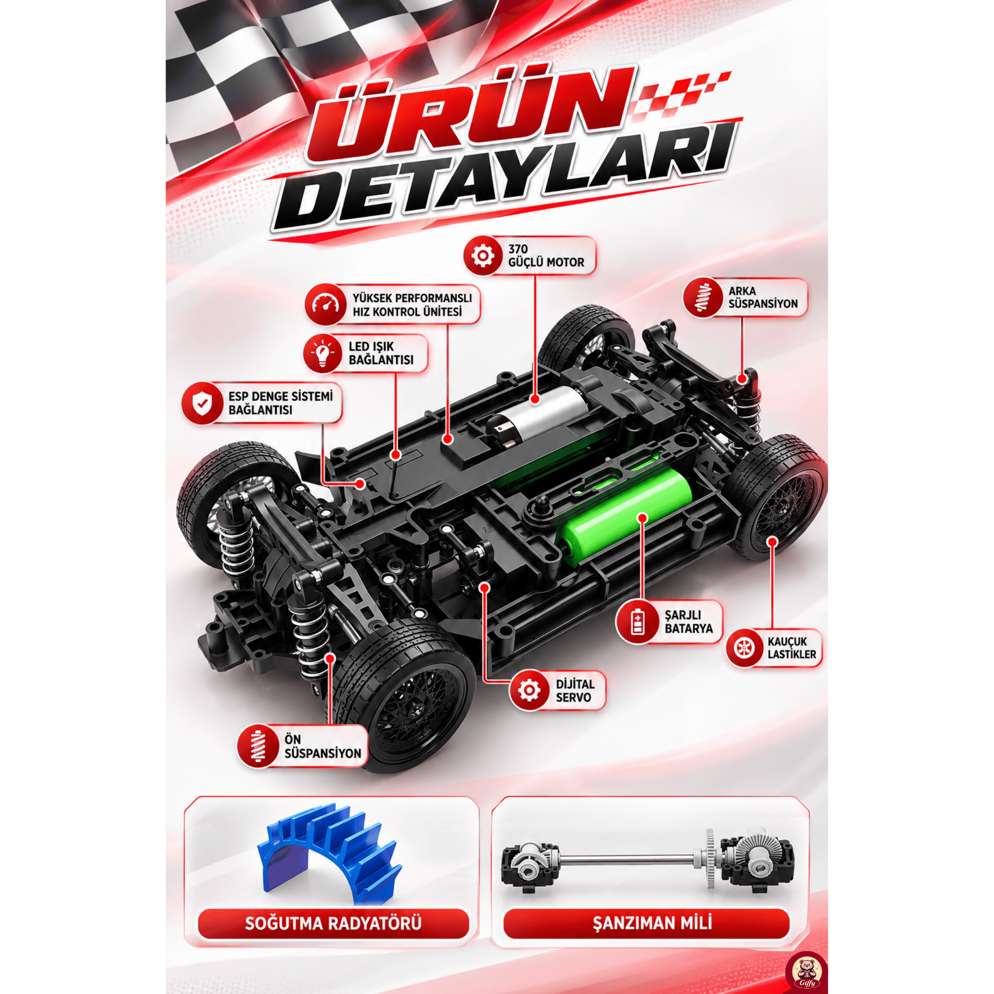 Oyuncak Uzaktan Kumandalı 50 KM/H Hızlı Drift Araba ESP Denge Sistemli 370 Motorlu Şarjlı LED Işıklı RC Araba 27,5 cm (Siyah)