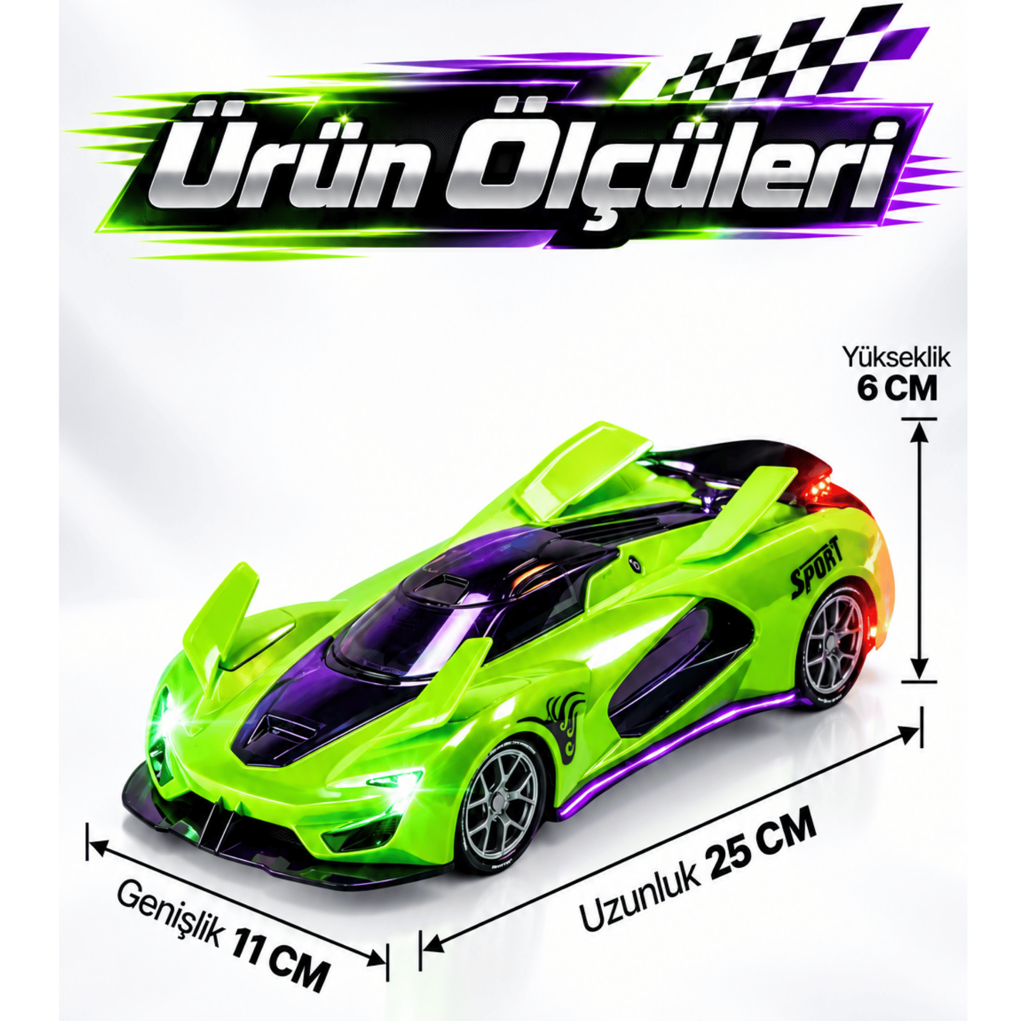 Oyuncak Uzaktan Kumandalı Buharlı Araba Aerodinamik Spoiler ve Kanatçıklı LED Işıklı Dahili Şarjlı Park Simülasyonlu Drift Araba (Yeşil)