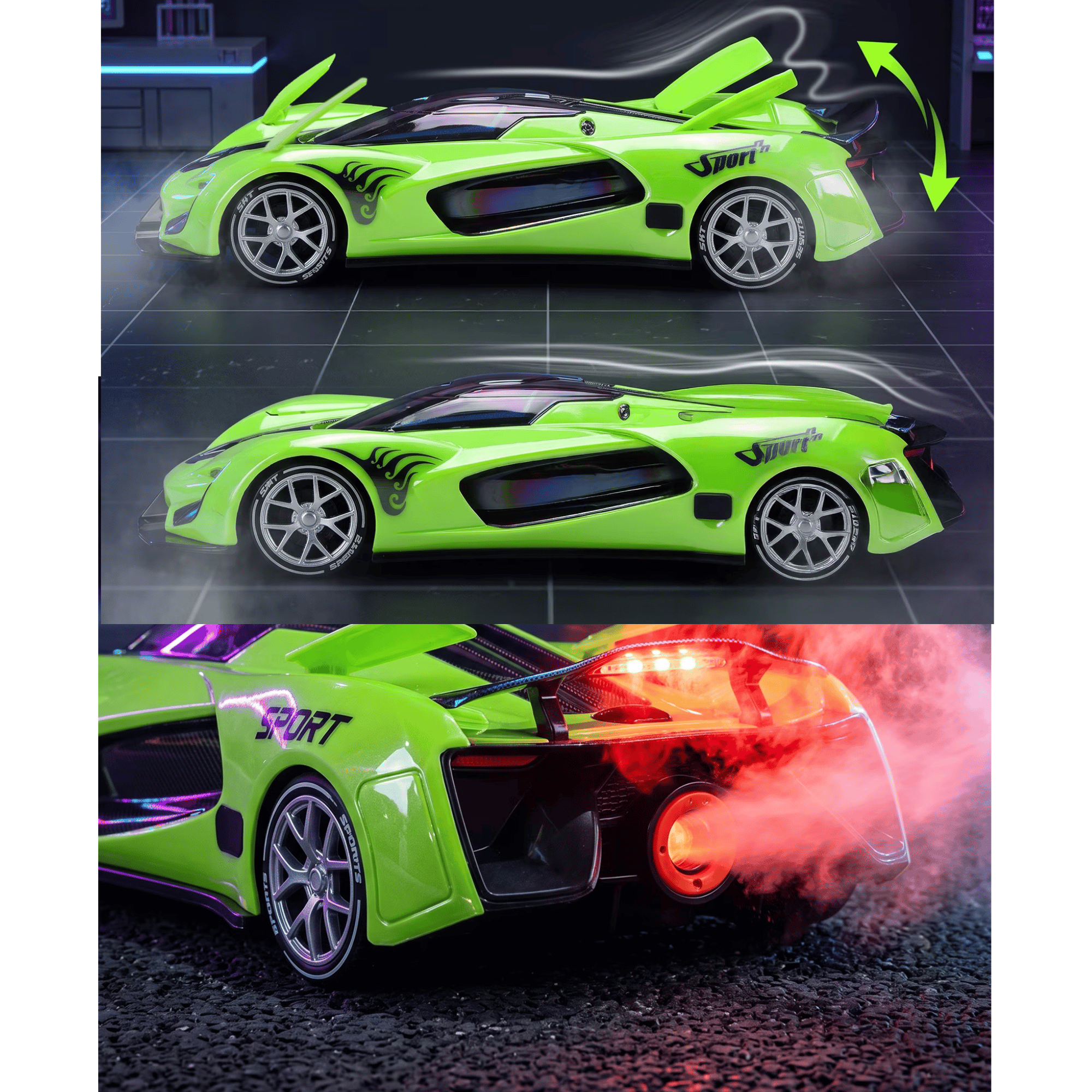 Oyuncak Uzaktan Kumandalı Buharlı Araba Aerodinamik Spoiler ve Kanatçıklı LED Işıklı Dahili Şarjlı Park Simülasyonlu Drift Araba (Yeşil)