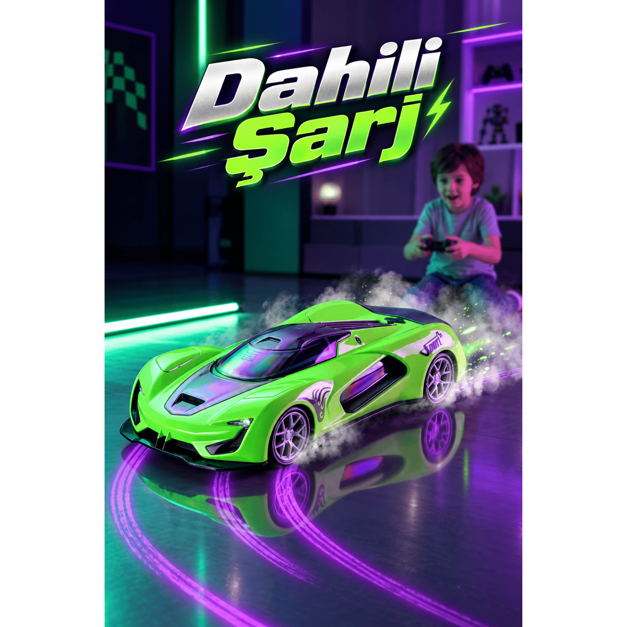 Oyuncak Uzaktan Kumandalı Buharlı Araba Aerodinamik Spoiler ve Kanatçıklı LED Işıklı Dahili Şarjlı Park Simülasyonlu Drift Araba (Yeşil)