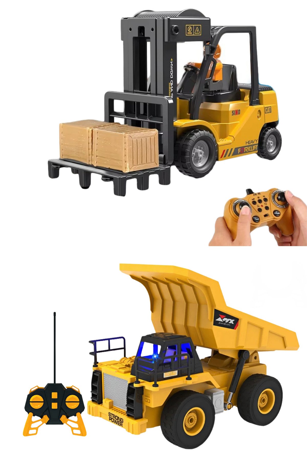 Oyuncak Uzaktan Kumandalı Buharlı Forklift ve Damperi Hareketli Kamyon Şarjlı Sesli Işıklı Set
