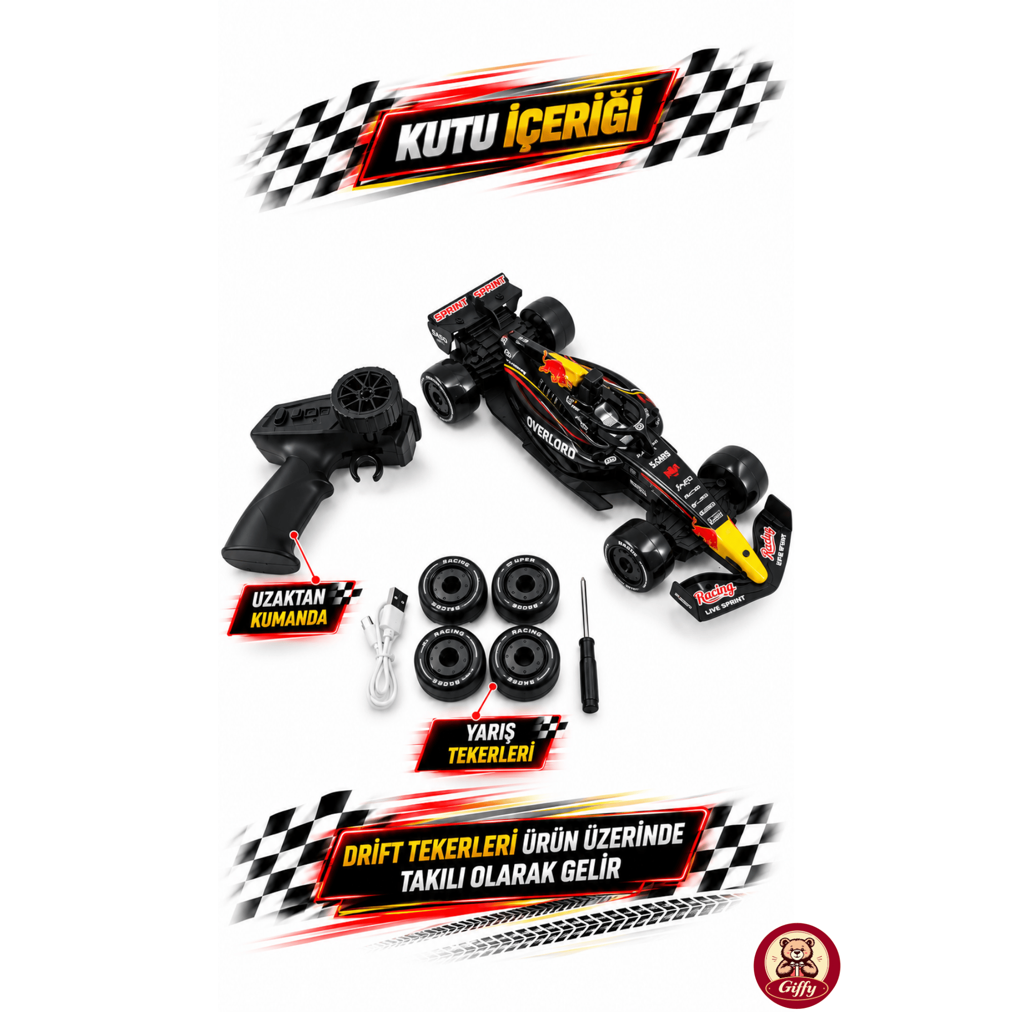 Oyuncak Uzaktan Kumandalı Formula 1 RC Drift Yarış Arabası – 20 Km/sa Hız, Hassas Gaz Kontrolü, LED Işık ve Type-C Şarj (Siyah)