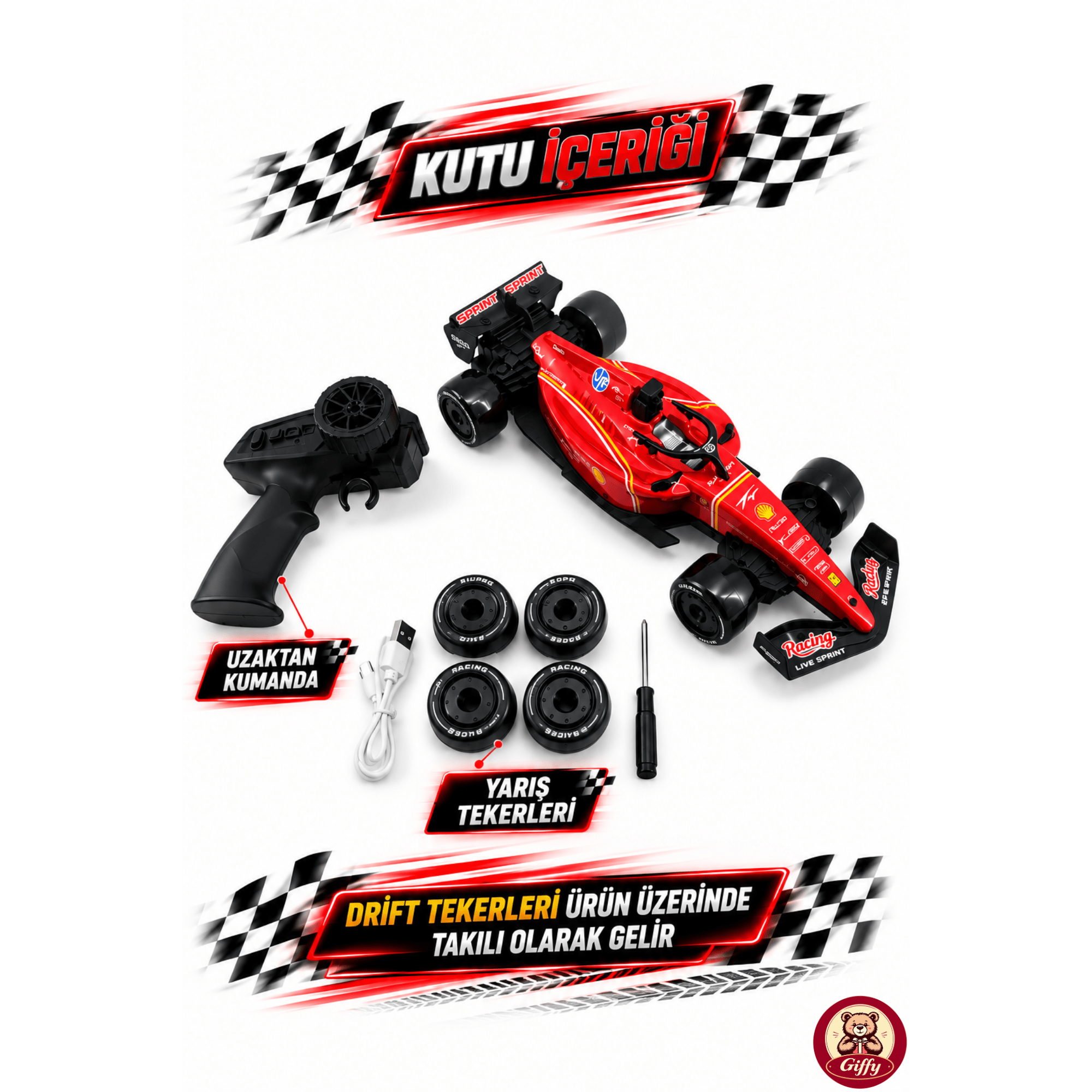 Oyuncak Uzaktan Kumandalı Formula 1 RC Drift Yarış Arabası – 20 Km/sa Hız, Hassas Gaz Kontrolü, LED Işık ve Type-C Şarj (Kırmızı)