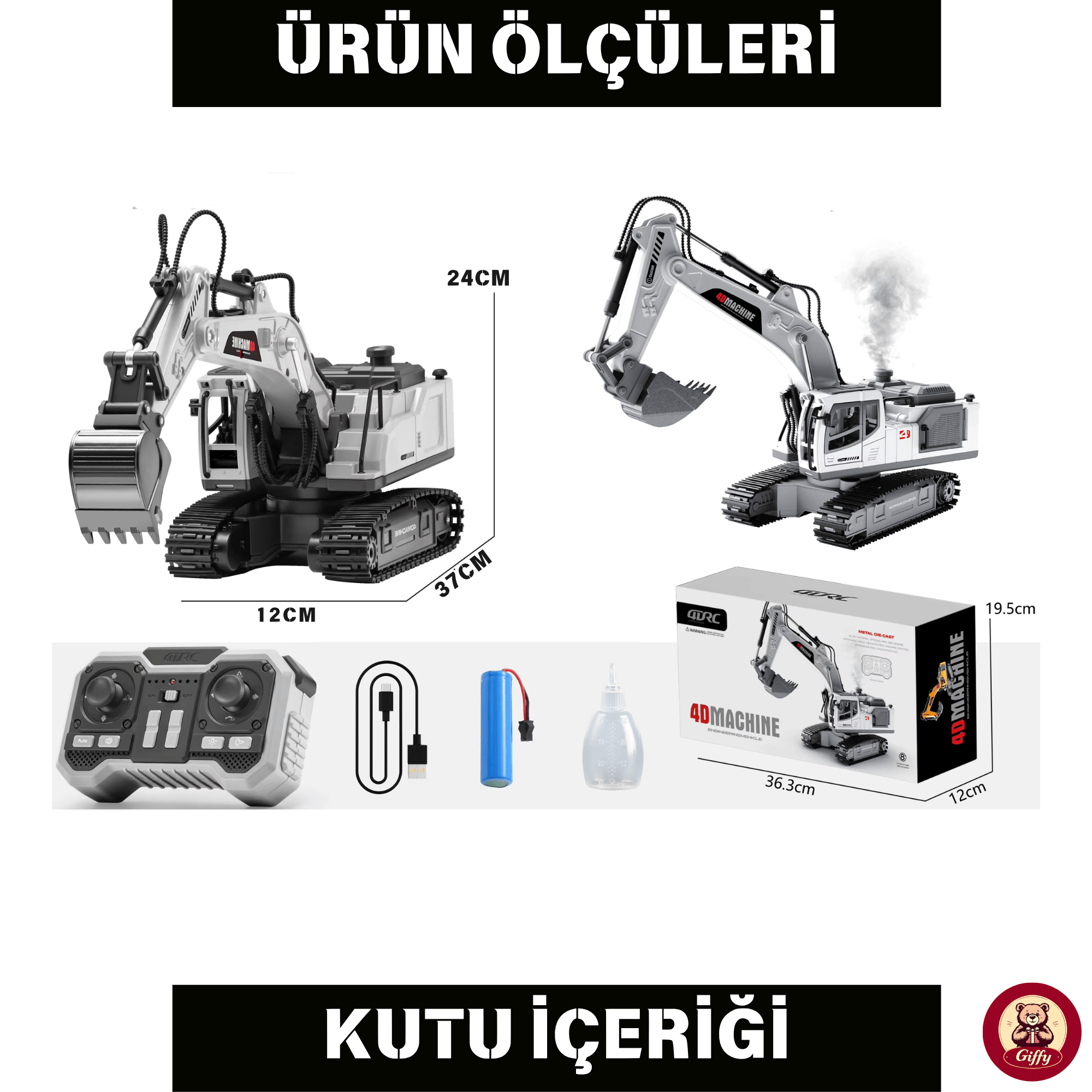 Oyuncak Uzaktan Kumandalı Şarjlı Buharlı Ekskavatör 3 Başlıklı LED Işıklı Sesli 360° Dönen Paletli İş Makinesi