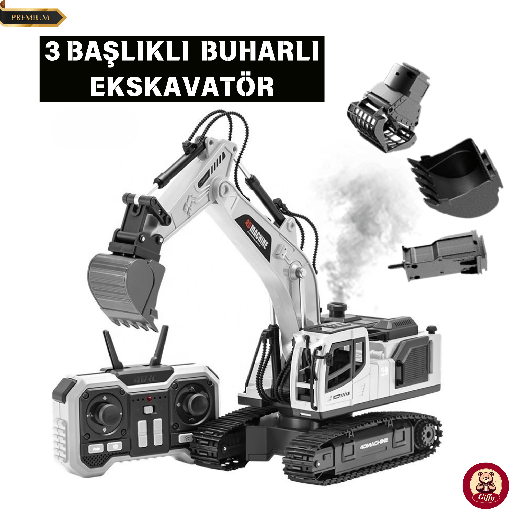 Oyuncak Uzaktan Kumandalı Şarjlı Buharlı Ekskavatör 3 Başlıklı LED Işıklı Sesli 360° Dönen Paletli İş Makinesi