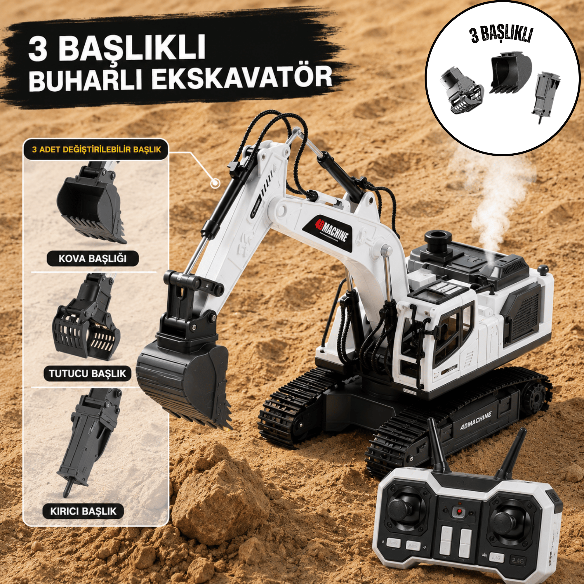 Oyuncak Uzaktan Kumandalı Şarjlı Buharlı Ekskavatör 3 Başlıklı LED Işıklı Sesli 360° Dönen Paletli İş Makinesi