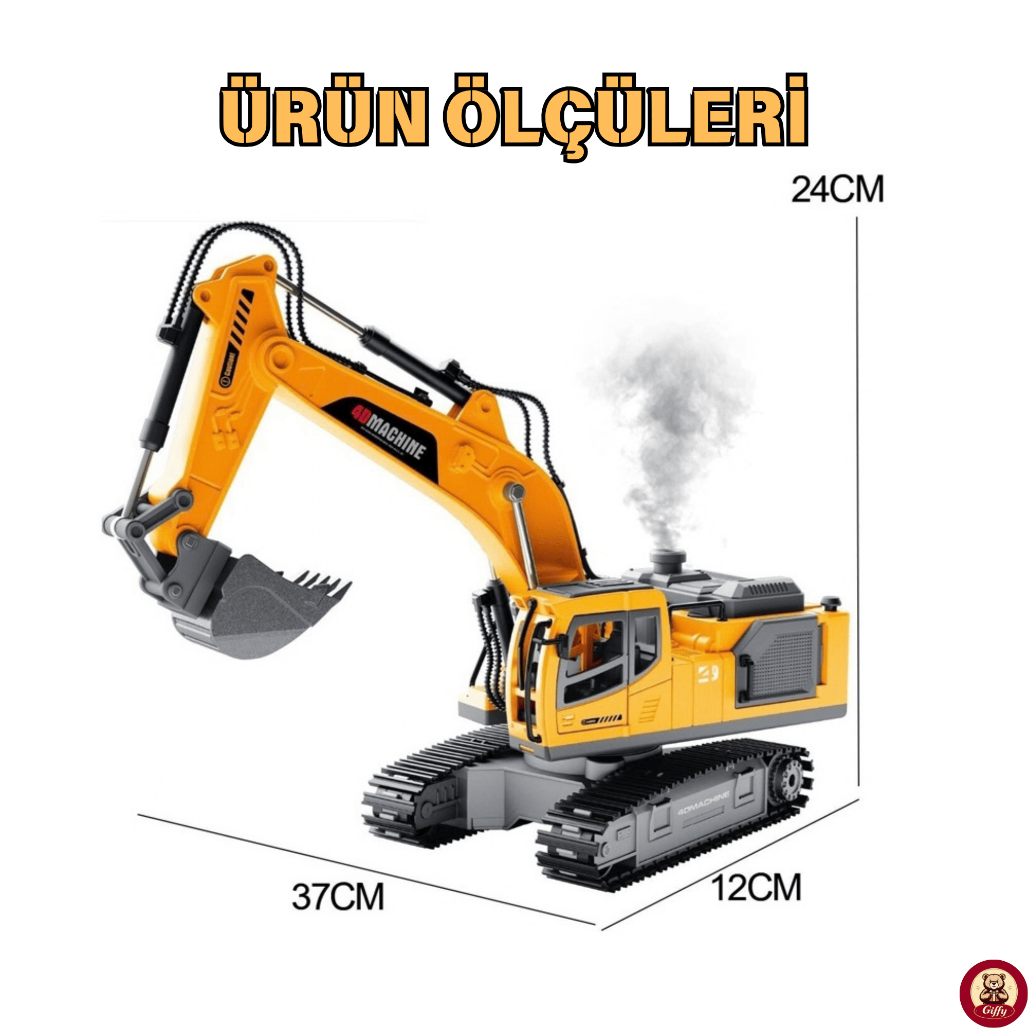 Oyuncak Uzaktan Kumandalı Şarjlı Buharlı Ekskavatör 3 Başlıklı LED Işıklı Sesli 360° Dönen Paletli İş Makinesi (Sarı)