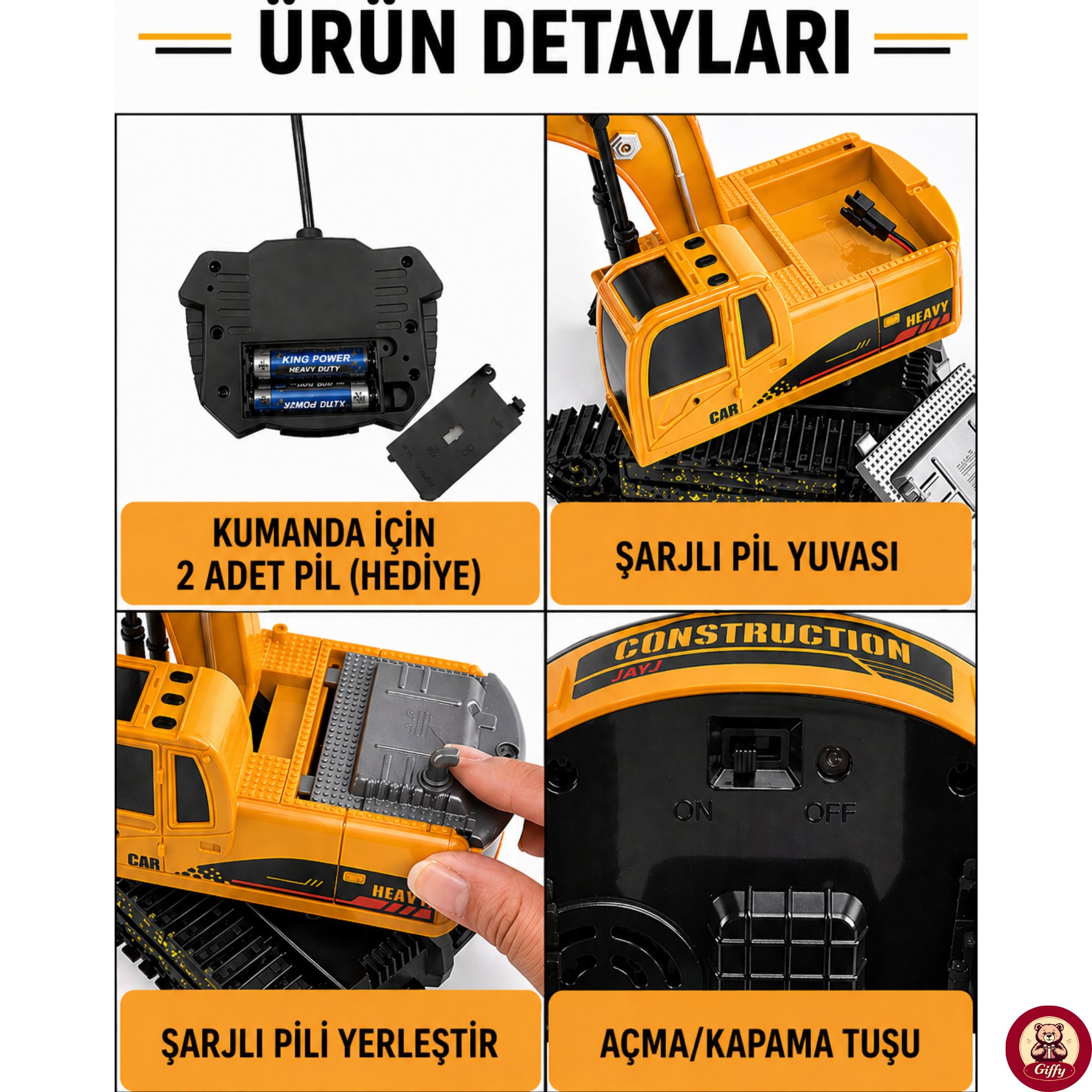 Oyuncak Uzaktan Kumandalı Şarjlı Ekskavatör Oyuncak Kepçe Full Fonksiyon LED Işıklı Paletli İş Makinesi RC İş Makinesi
