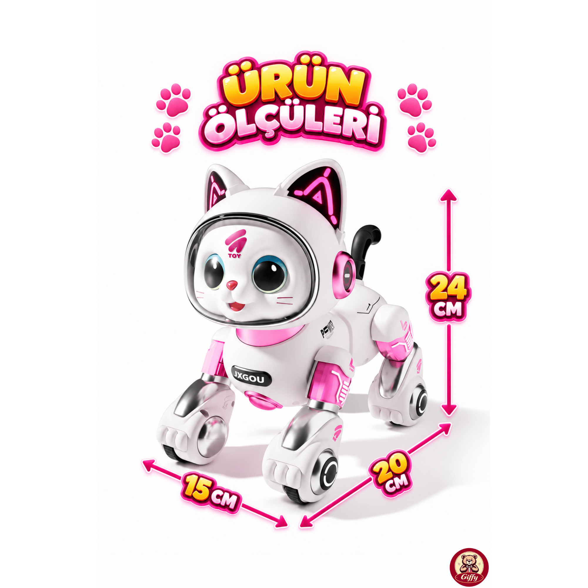 Oyuncak Uzaktan Kumandalı Sensörlü Akıllı Robot Kedi İngilizce Sesli Komutlu Şarjlı Işıklı Sesli Dans Eden Programlanabilir Full Fonksiyon RC Kedi (Pembe)