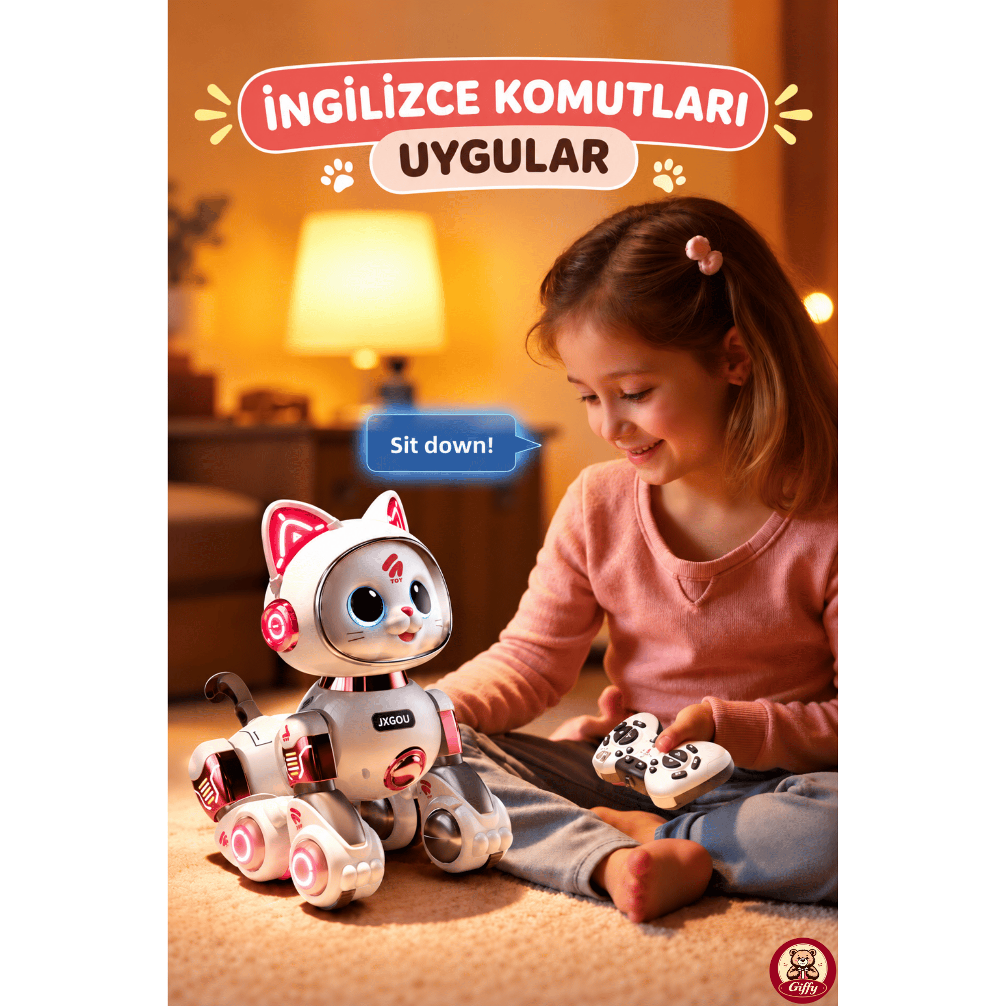 Oyuncak Uzaktan Kumandalı Sensörlü Akıllı Robot Kedi İngilizce Sesli Komutlu Şarjlı Işıklı Sesli Dans Eden Programlanabilir Full Fonksiyon RC Kedi (Pembe)