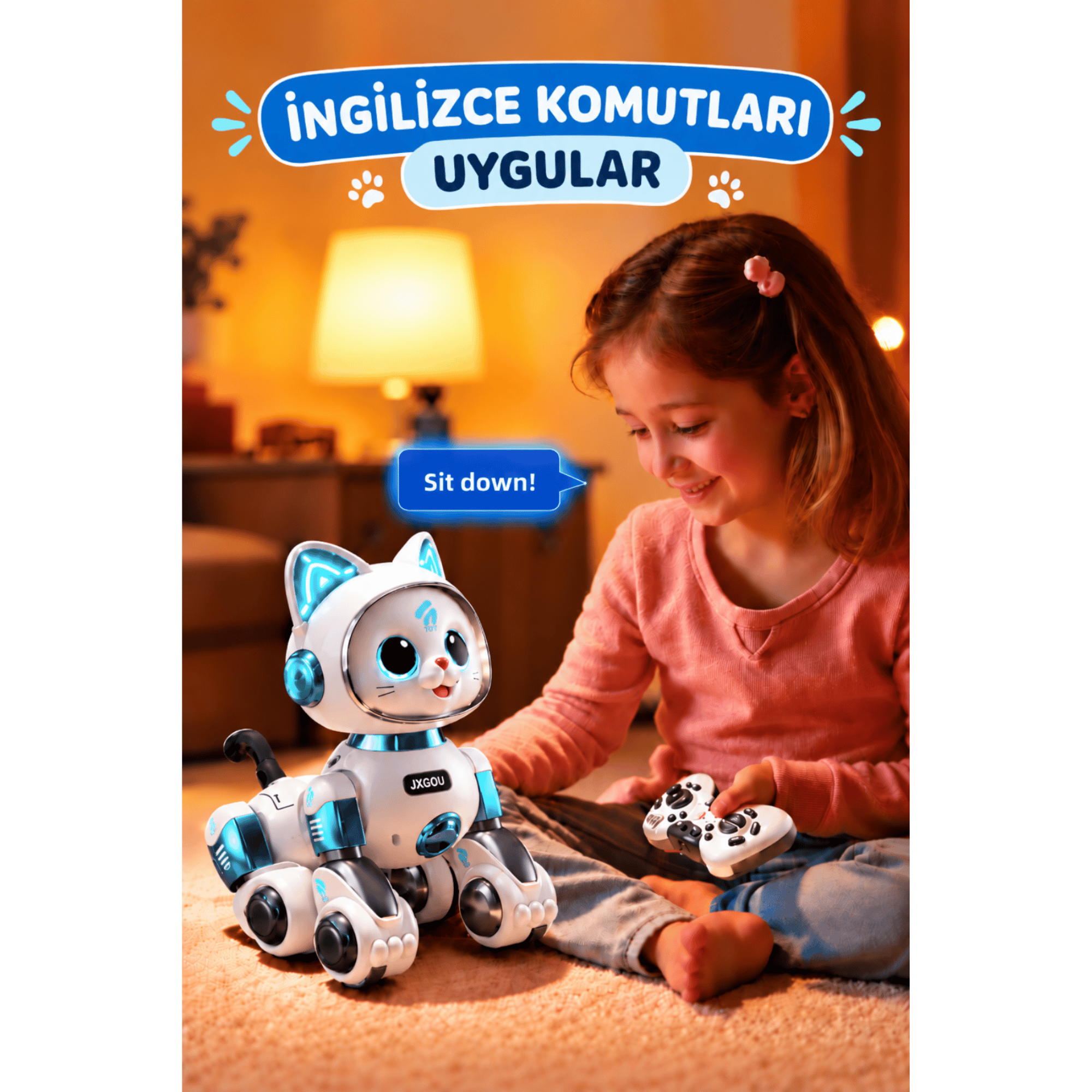 Oyuncak Uzaktan Kumandalı Sensörlü Akıllı Robot Kedi İngilizce Sesli Komutlu Şarjlı Işıklı Sesli Dans Eden Programlanabilir Full Fonksiyon RC Kedi (Mavi)