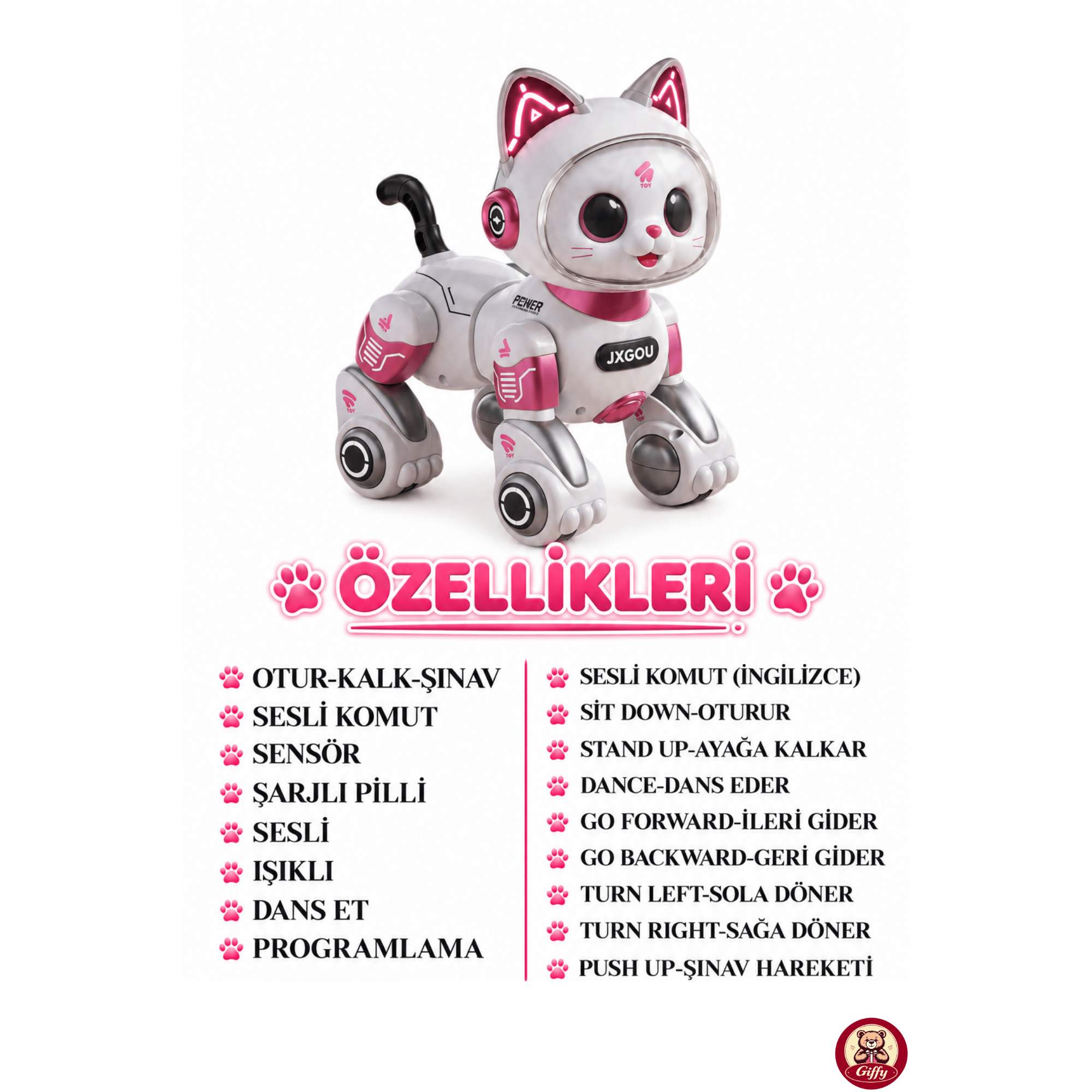 Oyuncak Uzaktan Kumandalı Sensörlü Akıllı Robot Kedi İngilizce Sesli Komutlu Şarjlı Işıklı Sesli Dans Eden Programlanabilir Full Fonksiyon RC Kedi (Pembe)