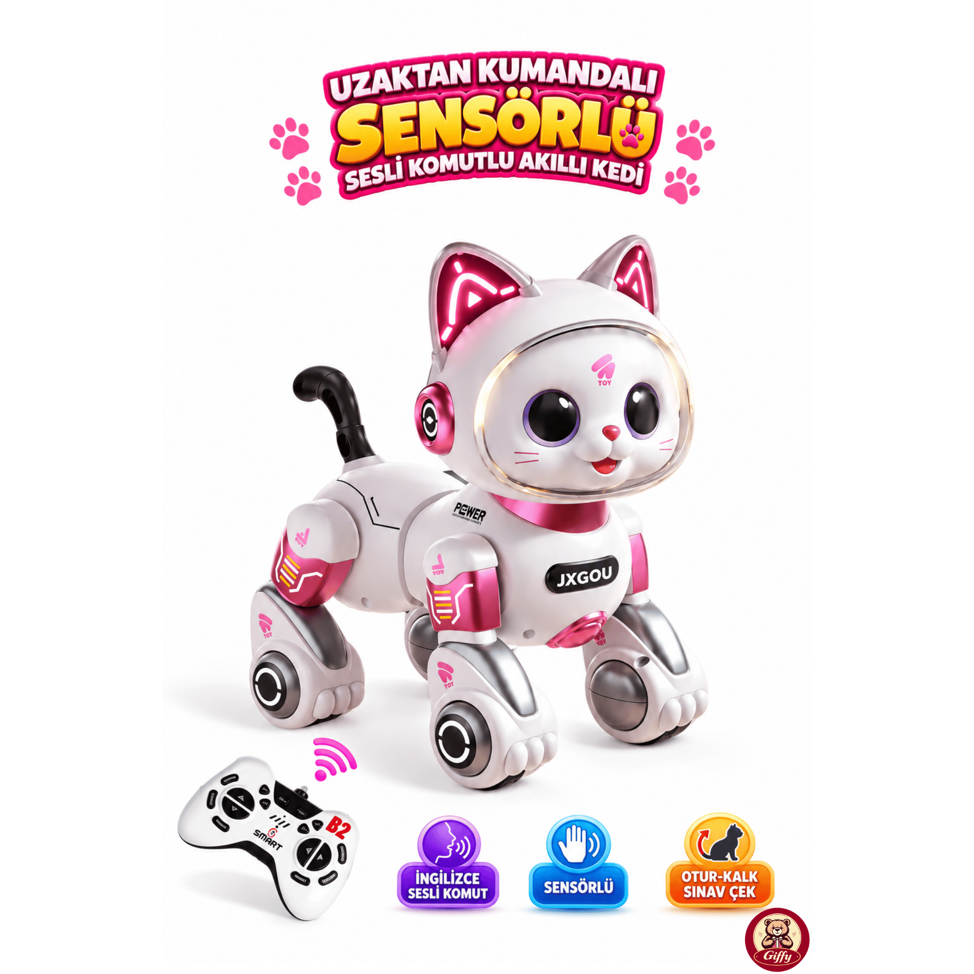 Oyuncak Uzaktan Kumandalı Sensörlü Akıllı Robot Kedi İngilizce Sesli Komutlu Şarjlı Işıklı Sesli Dans Eden Programlanabilir Full Fonksiyon RC Kedi (Pembe)