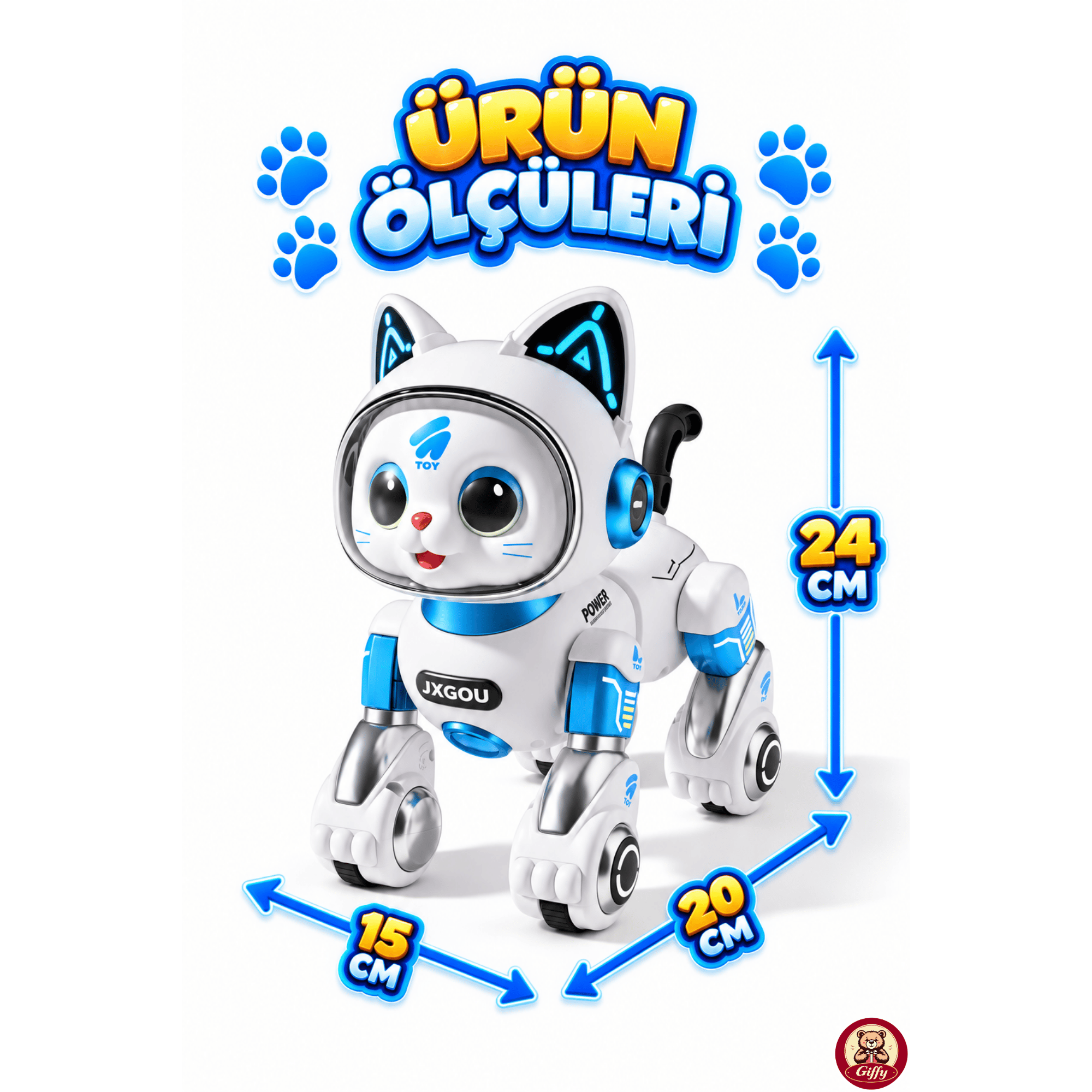 Oyuncak Uzaktan Kumandalı Sensörlü Akıllı Robot Kedi İngilizce Sesli Komutlu Şarjlı Işıklı Sesli Dans Eden Programlanabilir Full Fonksiyon RC Kedi (Mavi)