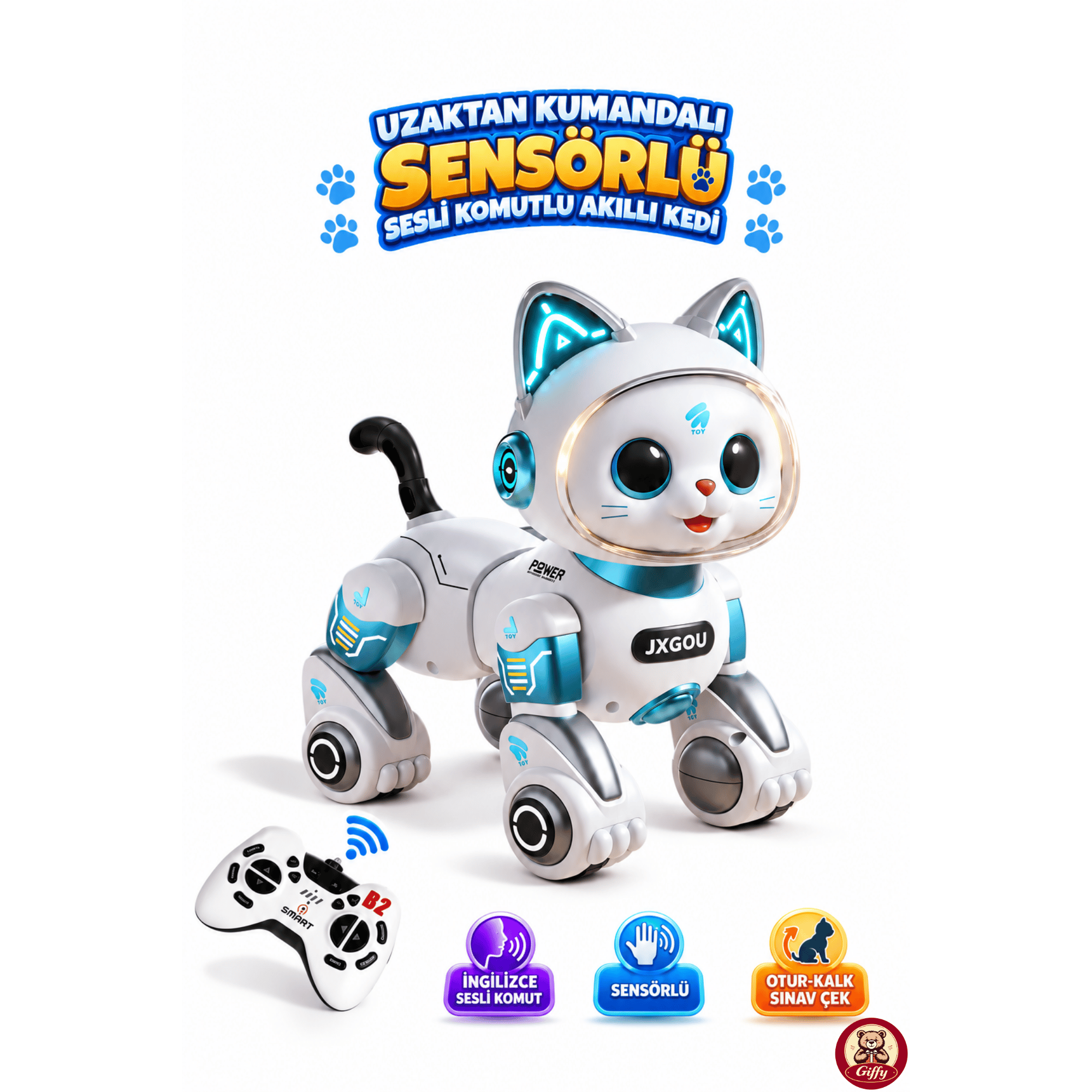 Oyuncak Uzaktan Kumandalı Sensörlü Akıllı Robot Kedi İngilizce Sesli Komutlu Şarjlı Işıklı Sesli Dans Eden Programlanabilir Full Fonksiyon RC Kedi (Mavi)
